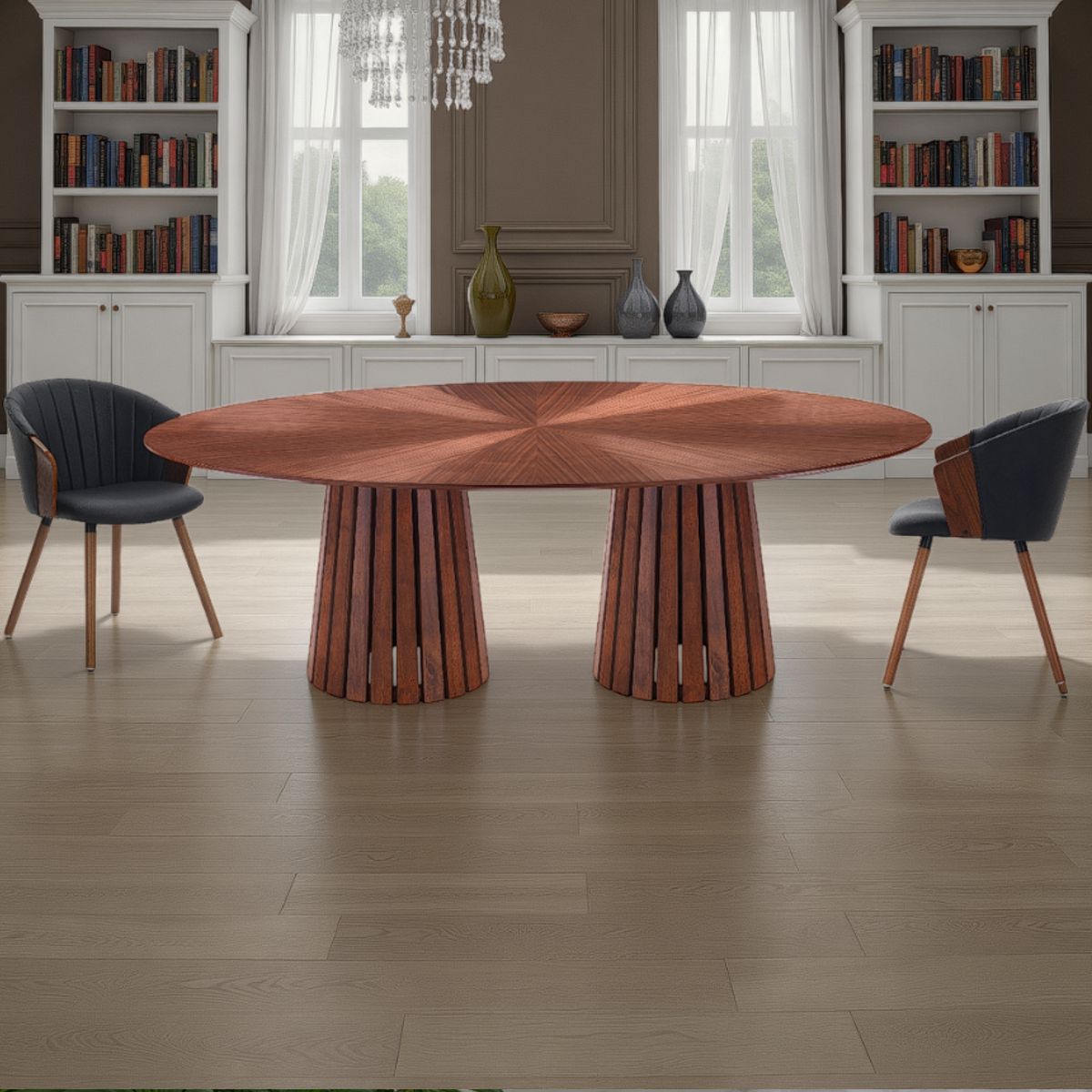 Table ovale Volga en noyer structure en bois massif finition noyer teinté plateau en MDF plaqué noyer incrusté, 190 x 110 cm