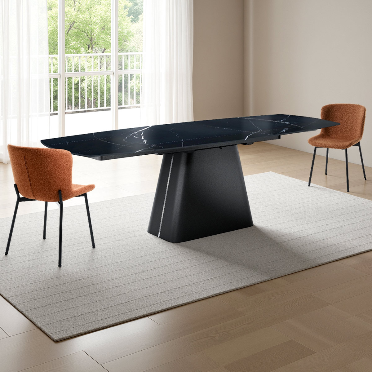 Table extensible Eran en marbre noir structure en acier noir plateau en céramique finition marbre noir brillant, 160-240 x 90 cm