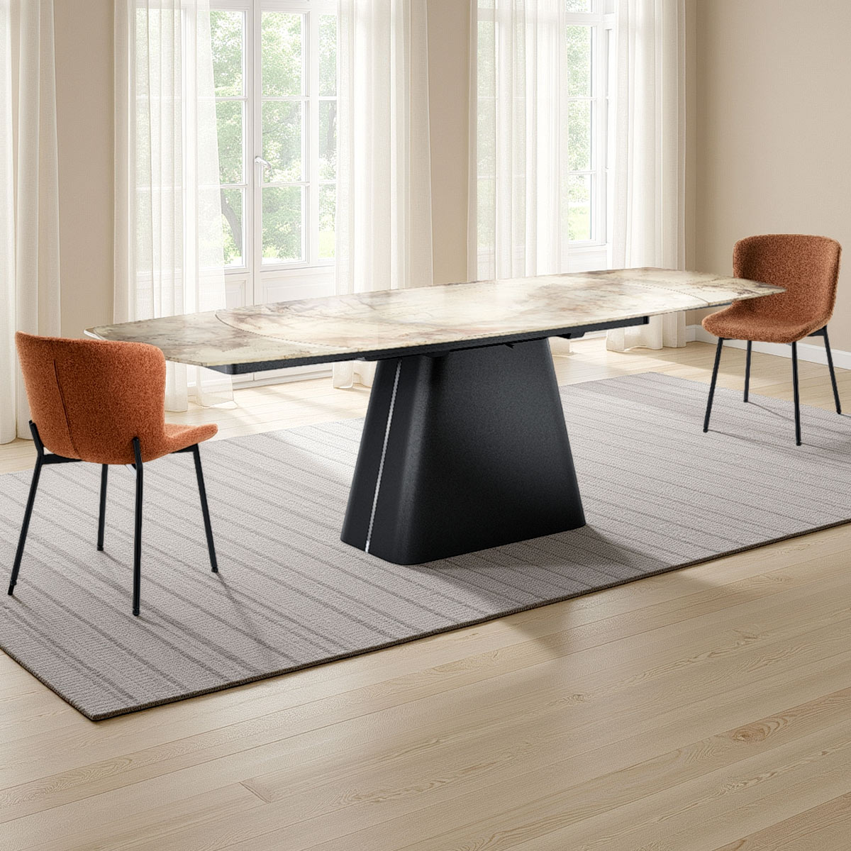 Table extensible Eran acier noir plateau en céramique marbre doré poli, 160-240 x 90 cm