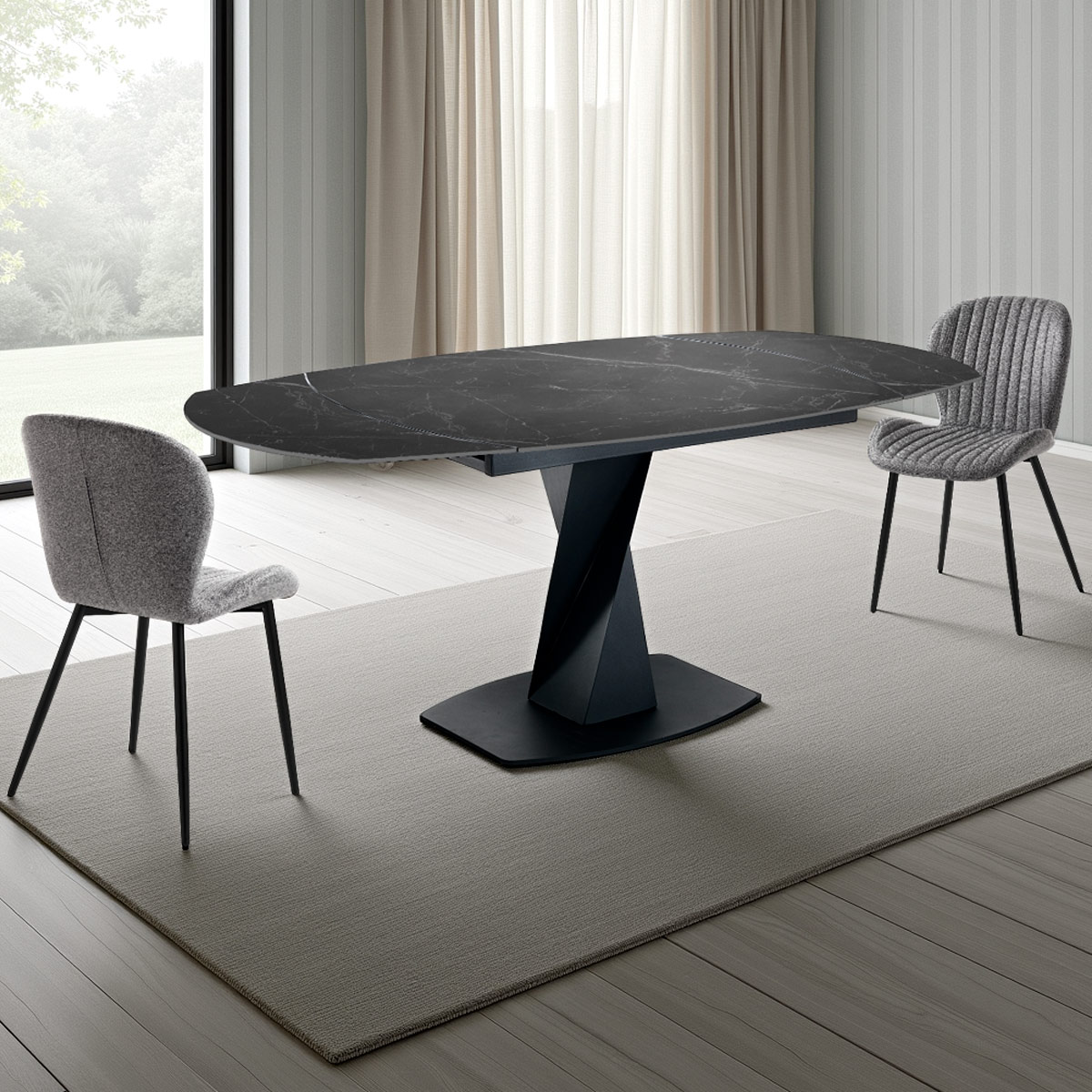 Table extensible Twisted en marbre noir torsadé structure en acier noir mat plateau en céramique finition marbre noir mat, 105-135-16 x 88 cm