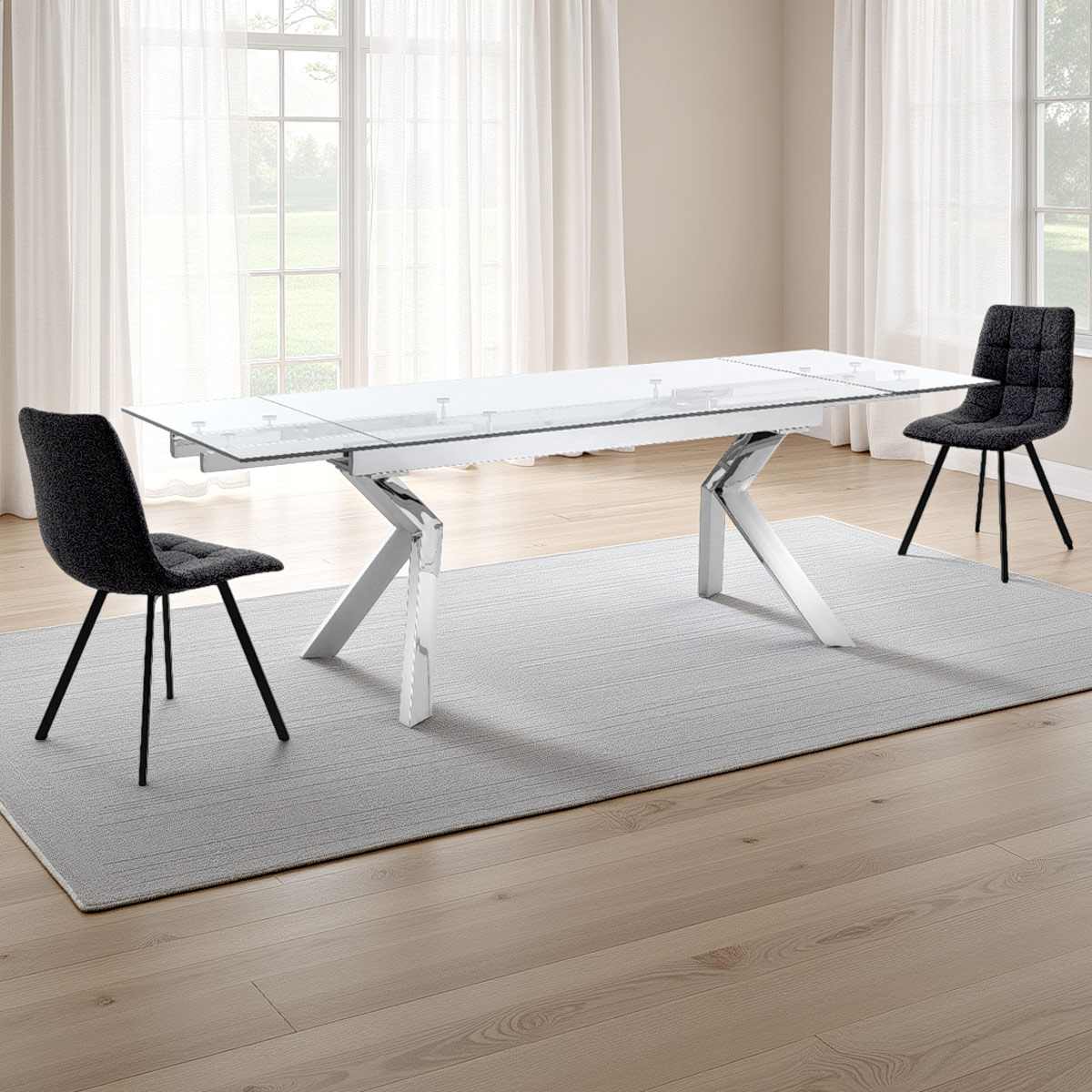 Table extensible Daven acier chromé plateau en verre transparent, 160-200-240 x 90 cm