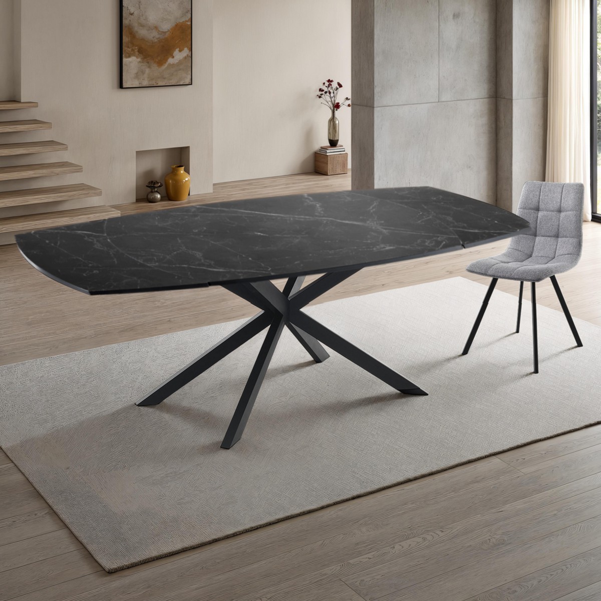 Table extensible en céramique Aza 2 finition marbre noir mat piètement en acier noir mat, 140-200 x 90 cm