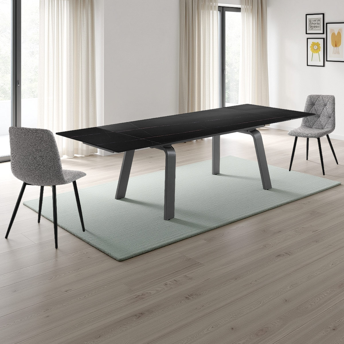 Table extensible en céramique Deem 3 avec plateau en marbre noir mat et piètement en acier gris mat, 160-200-240 x 90 cm