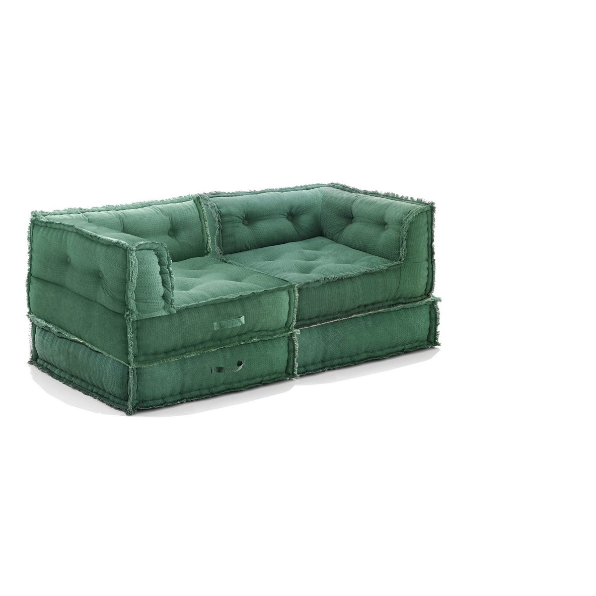 Canapé 2 places Yara vert gaufré. revêtement en coton nid d’abeille vert. dimensions : L. 160 x P. 80 x H. 60 cm