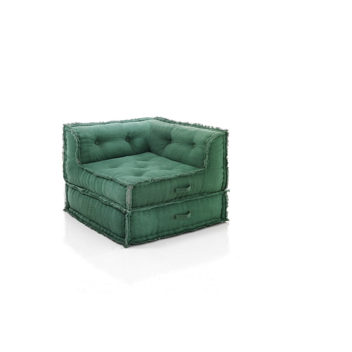 Fauteuil méridienne Yara vert gaufré. revêtement en coton nid d’abeille vert. dimensions : L. 80 x P. 80 x H. 60 cm