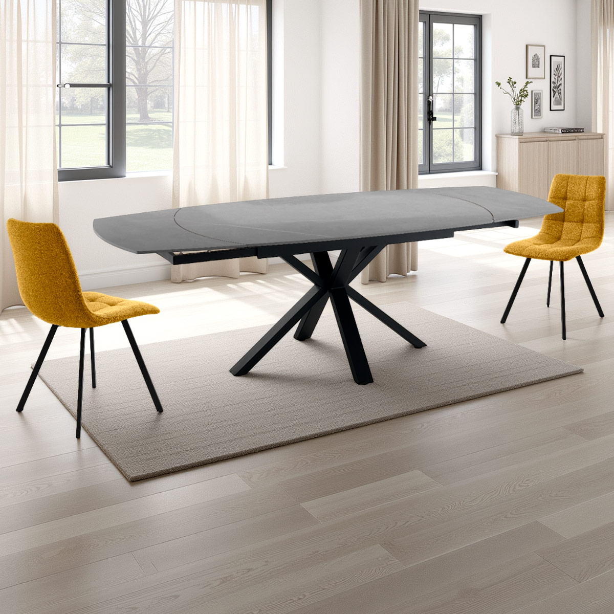 Table extensible en céramique Zoe 3 avec plateau en marbre gris mat et piètement en acier noir mat, 140-210 x 90 cm