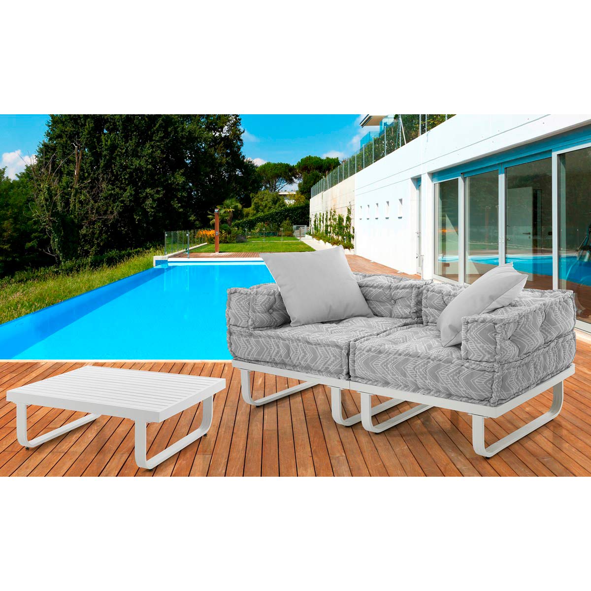 Canapé d’extérieur 2 places Aron avec piètement en aluminium et tissu imperméable. dimensions : L.156 x P.78 x H.66 cm. coloris gris