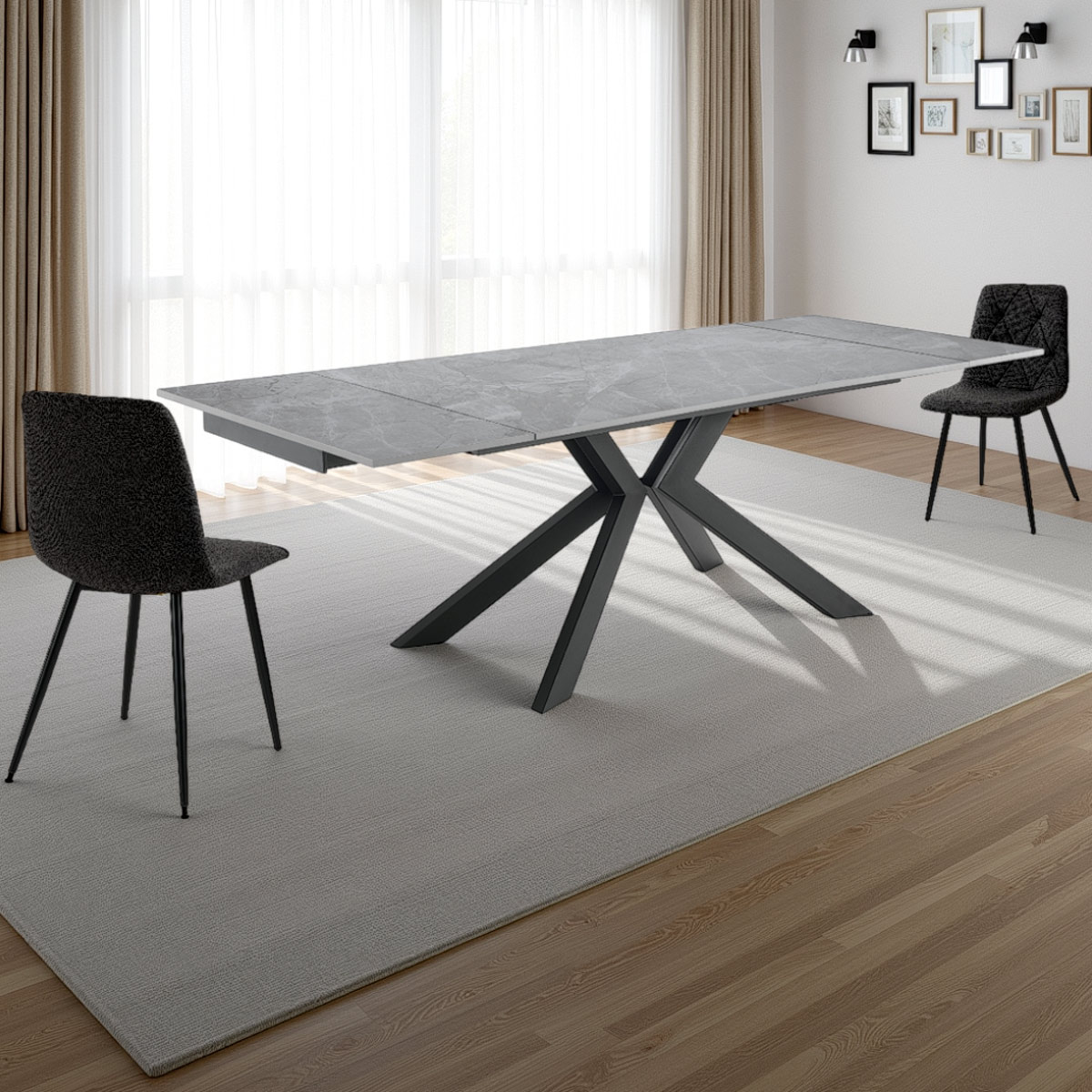 Table extensible Tips 6 en céramique avec finition marbre gris mat et piètement en métal gris mat, 160-200-240 x 90 cm