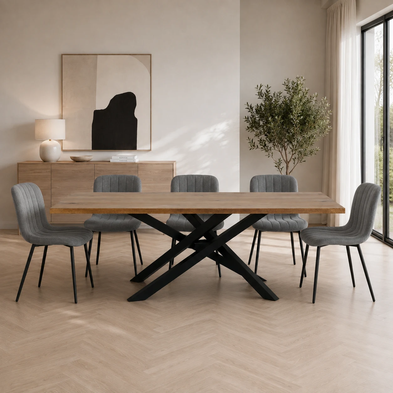 Table Quatrième en bois massif plaqué chêne tox avec pieds en bois massif peints en noir mat, 200×100 cm