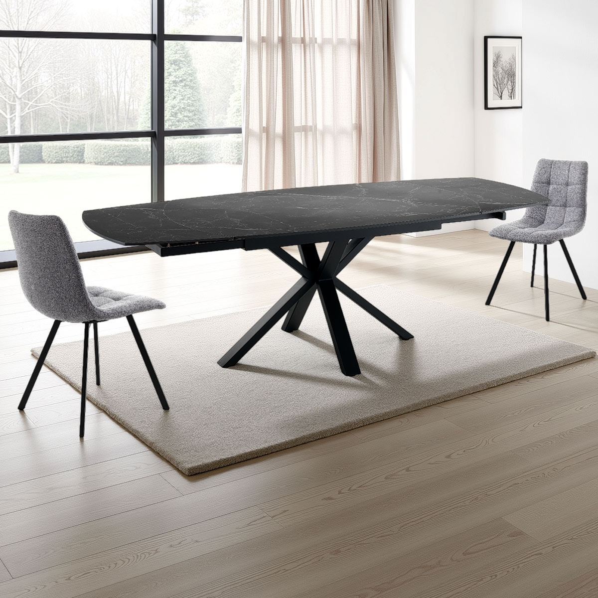 Table extensible en céramique Zoe 2 avec plateau en marbre noir mat et piètement en acier noir mat, 140-210 x 90 cm