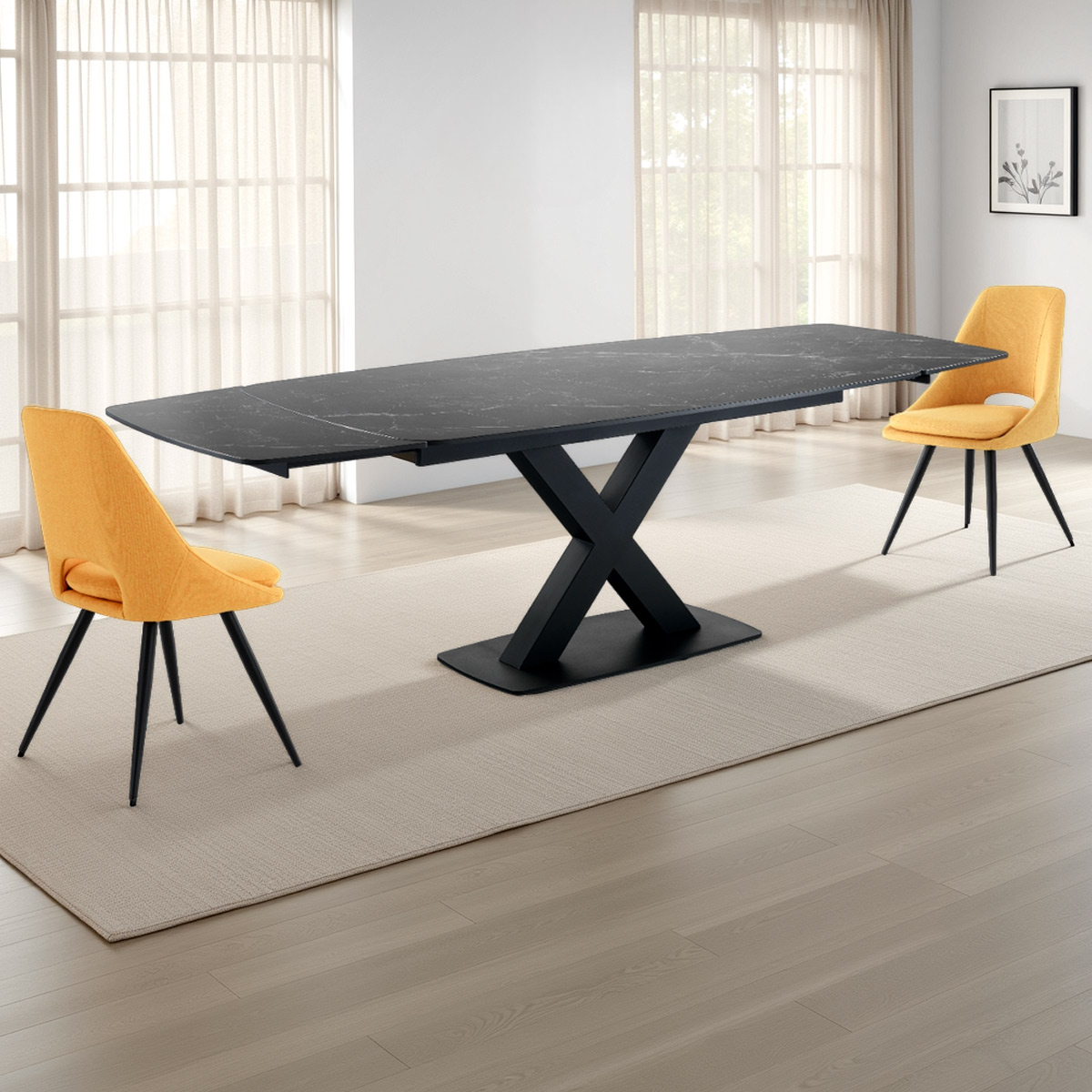 Table extensible Alexa en céramique effet marbre noir plateau en marbre noir mat et piètement en acier noir mat, 160-195-230 x 90 cm