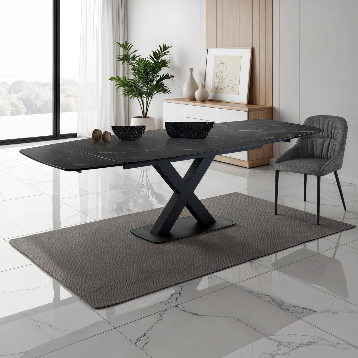 Table extensible en céramique Alexa finition marbre gris mat piètement en acier noir mat, 160-195-230 x 90 cm