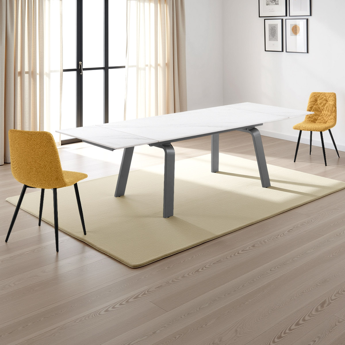 Table extensible en céramique Deem 2 avec finition marbre blanc mat et piètement en acier gris mat, 160-200-240 x 90 cm