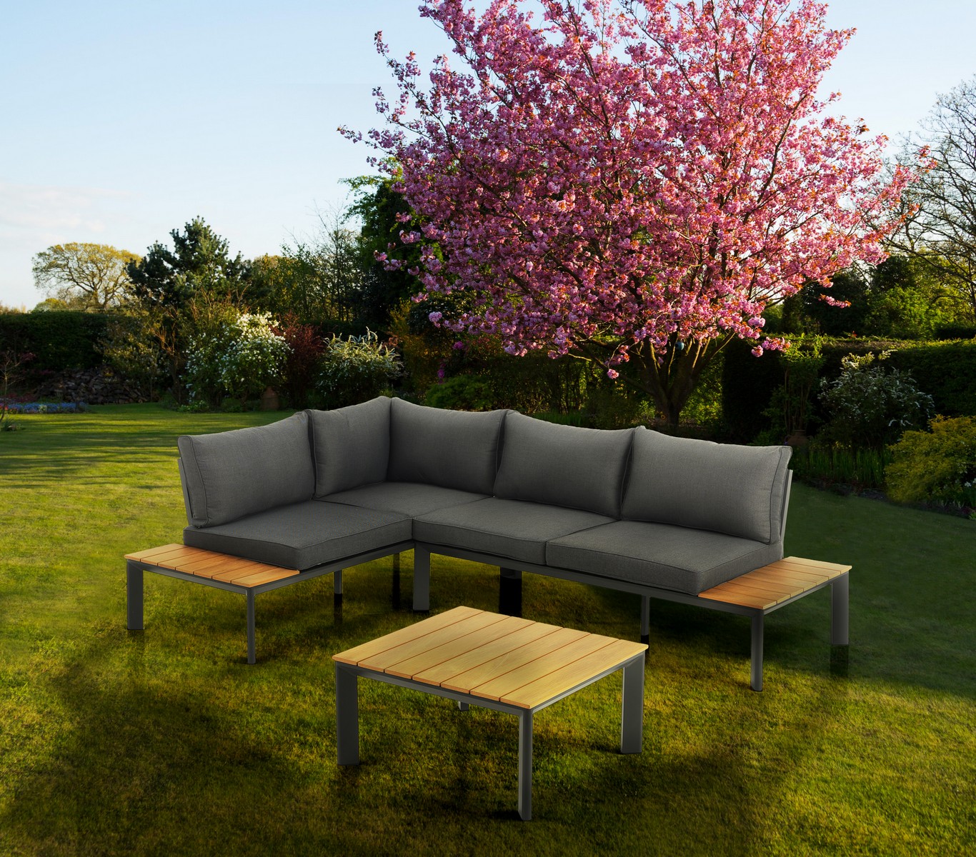 Salon et chaise longue Kamari d’intérieur et d’extérieur en aluminium anthracite mat avec coussins gris 230×75/163xH.76 cm