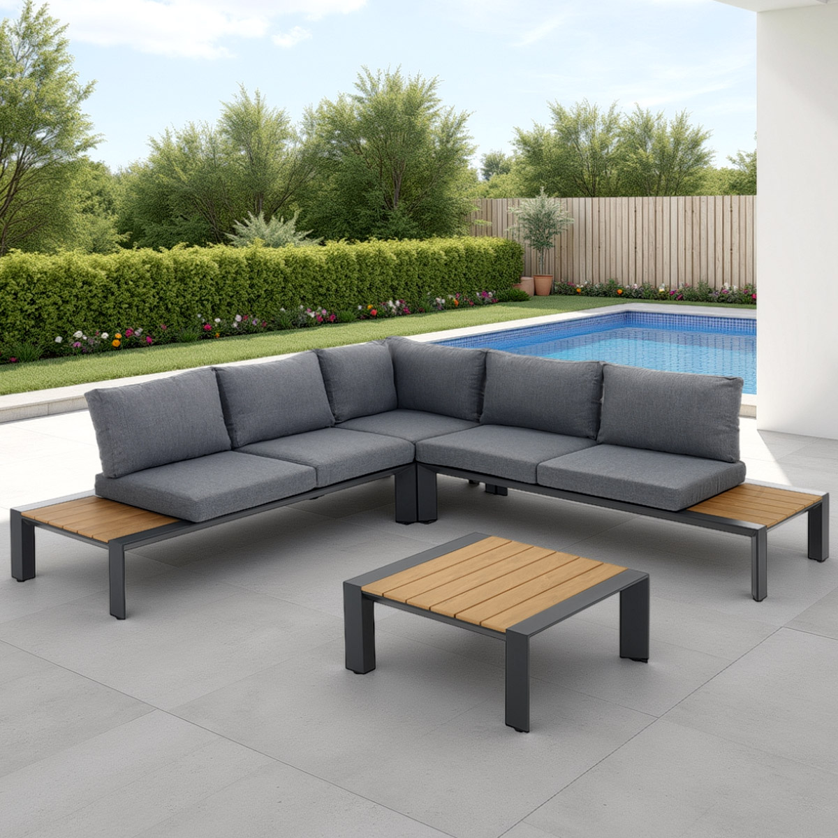 Salon d’intérieur et d’extérieur Skorpios en aluminium anthracite mat avec coussins gris 244x244xH.80 cm