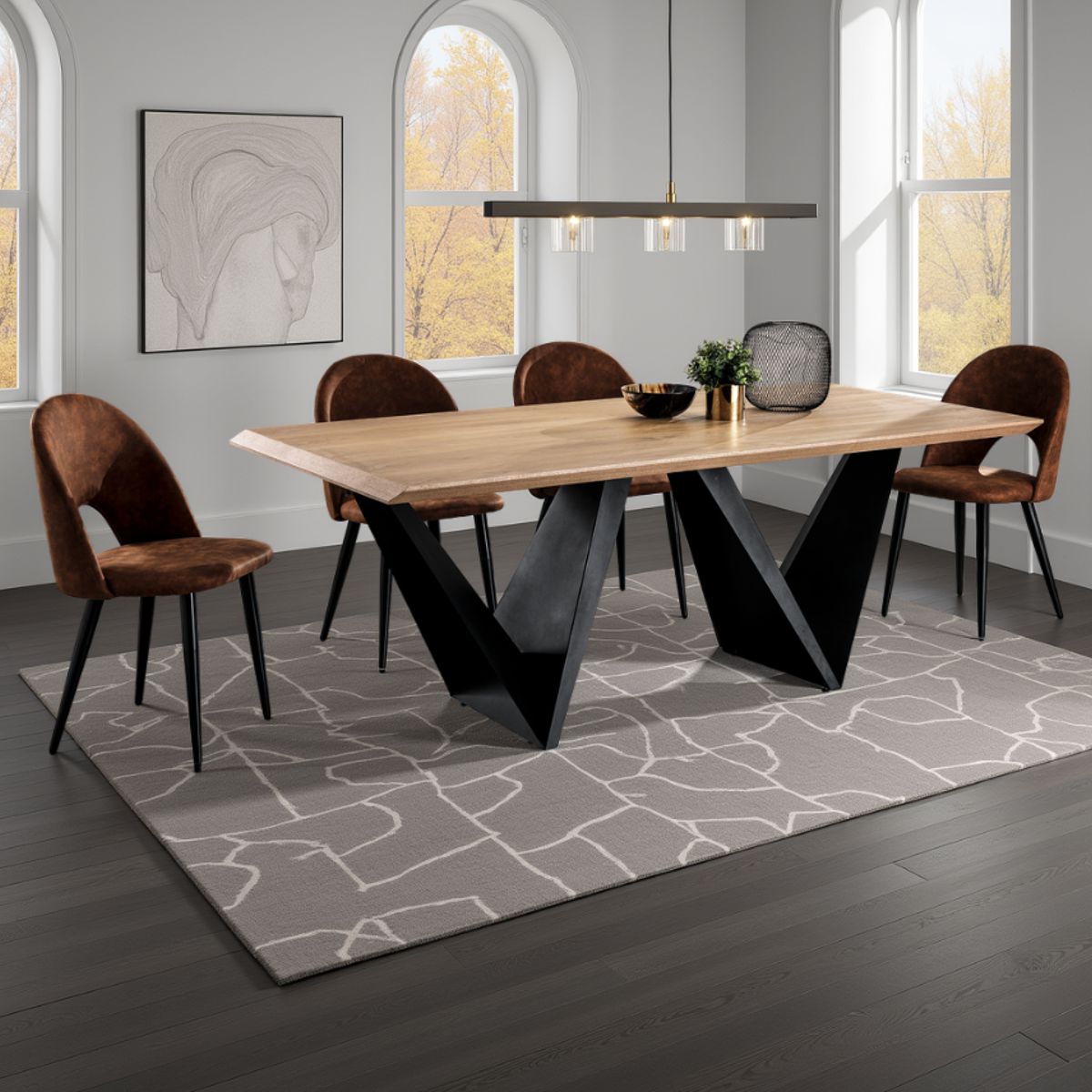 Table fixe en chêne fendu avec finition placage chêne et piètement en métal noir mat, 200 x 100 cm