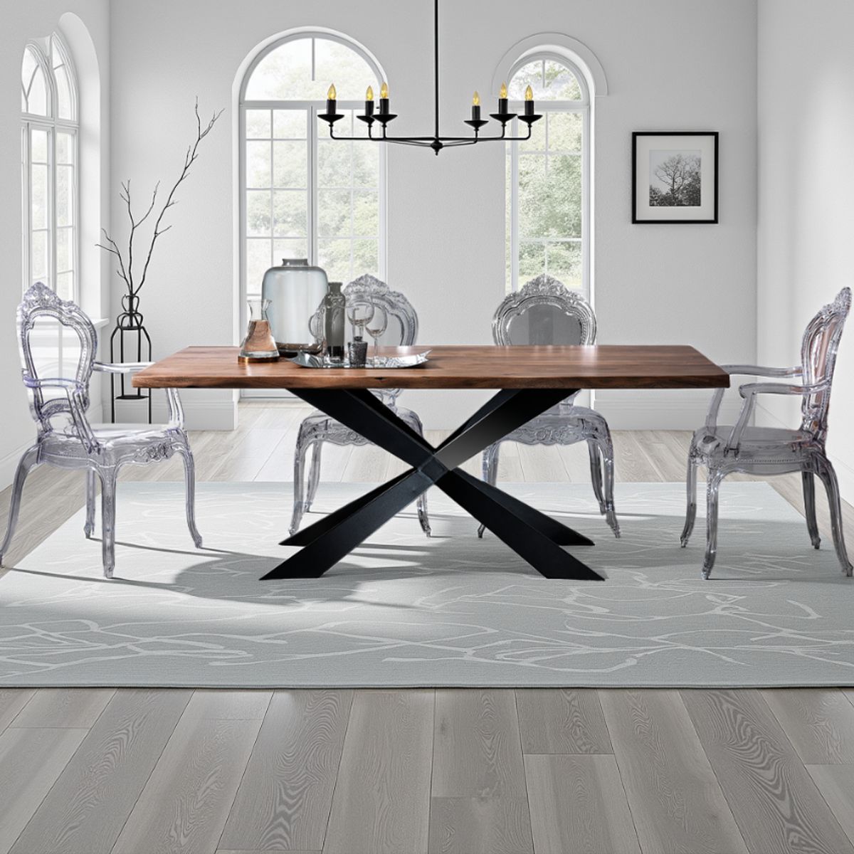 Table Amon en bois d’acacia massif avec piètement en acier peint en noir mat, 195 x 100 cm