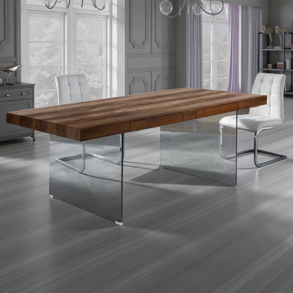 Table-bureau fixe Waver en bois finition noyer antique pieds en verre trempé, 200 x 100 cm