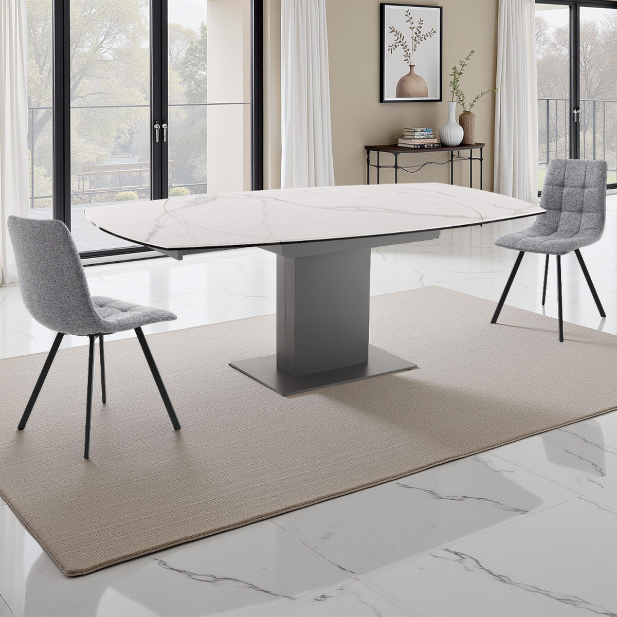 Table extensible Epic 2 en céramique avec plateau en marbre blanc mat et piètement en acier gris mat, 120-180 x 90 cm