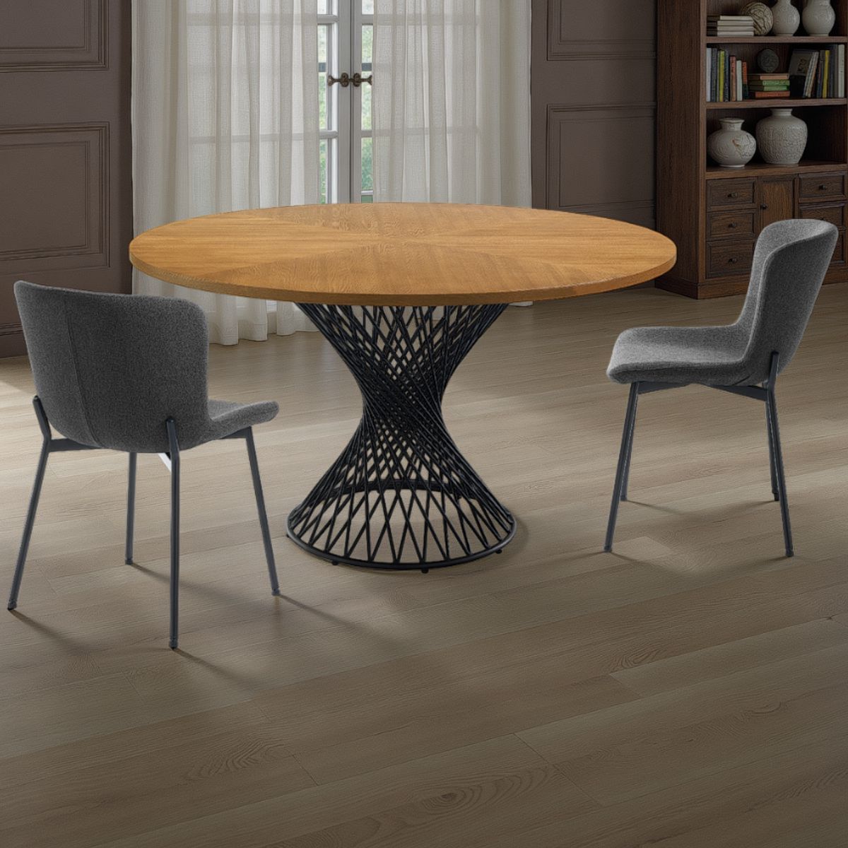 Table ronde Clew en placage chêne et piètement en métal noir mat, Ø 137 cm