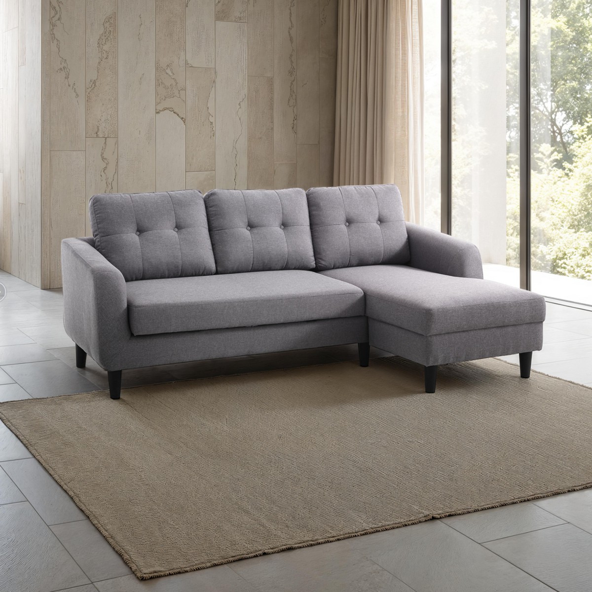 Canapé-lit Fanny en tissu gris. largeur 225 cm. profondeur 80/140 cm. hauteur 85 cm