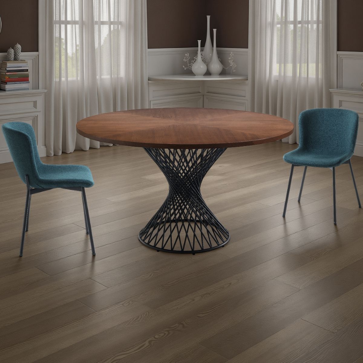 Table ronde Clew en bois finition noyer foncé et piètement en métal noir mat, Ø 137 cm