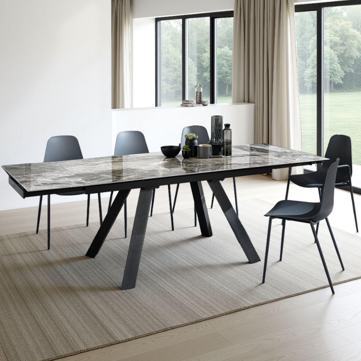 Table extensible Talent 2 en vitrocéramique finition marbre gris et piètement en métal gris mat, 160-200-240 x 90 cm