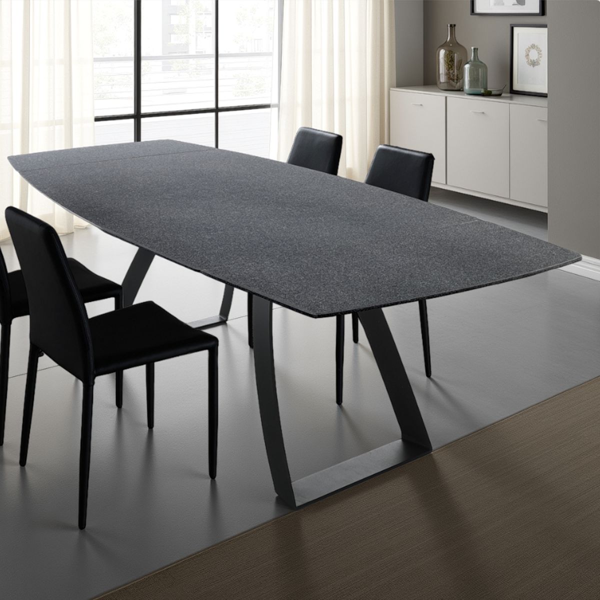 Table extensible Helix en pierre plateau en verre effet pierre et piètement en métal anthracite mat, 160-200-240 x 90 cm