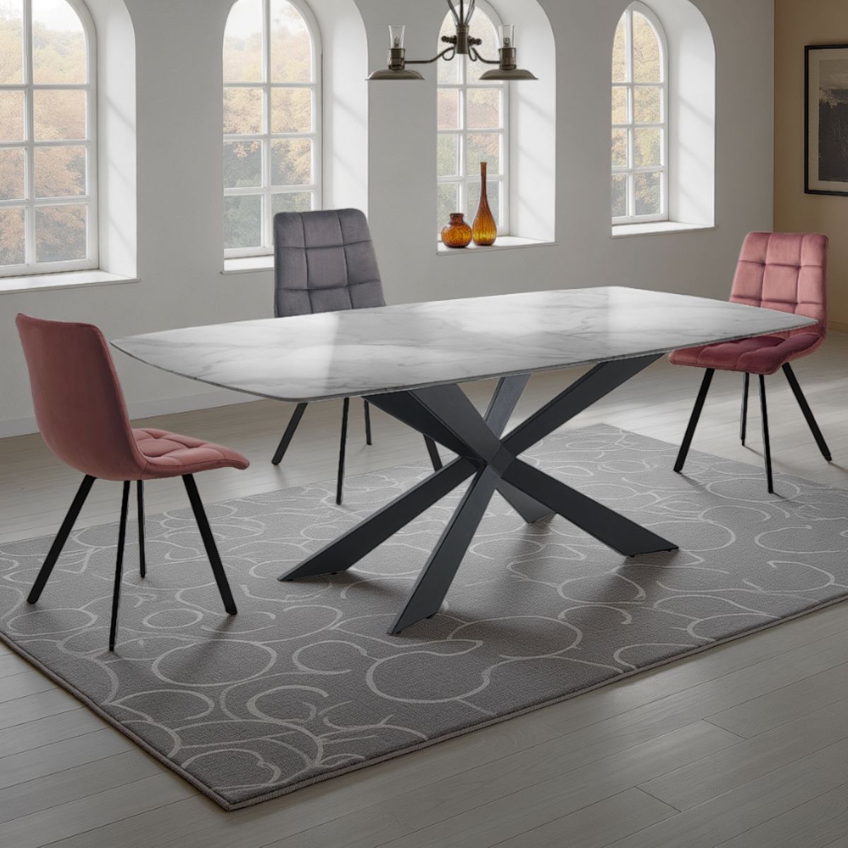 Table d’appoint en marbre peint avec une finition marbre Calacatta et un piètement en métal noir mat, 200 x 100 cm