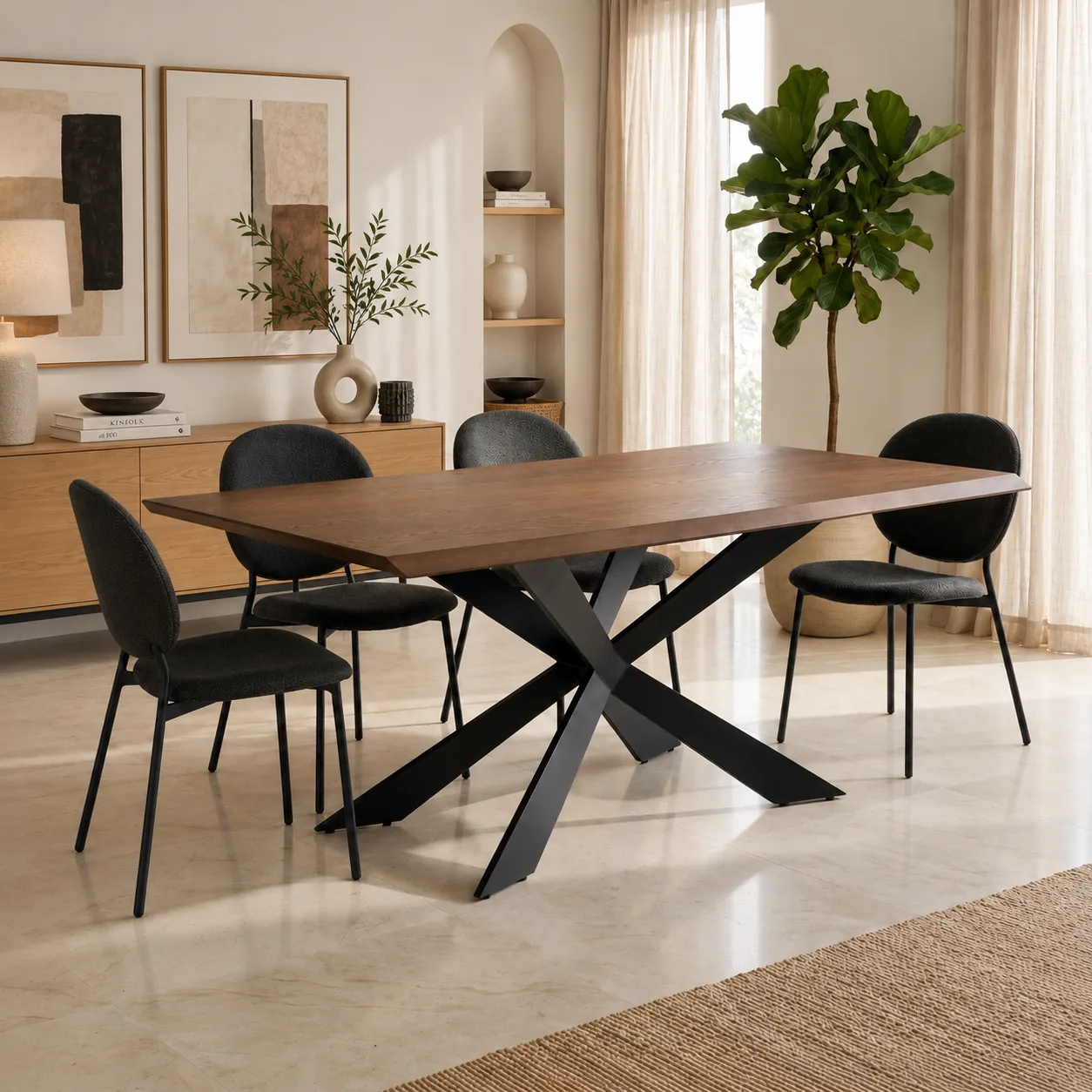 Table fixe avec finition placage noyer et pieds en métal peint en noir mat, 200 x 100 cm