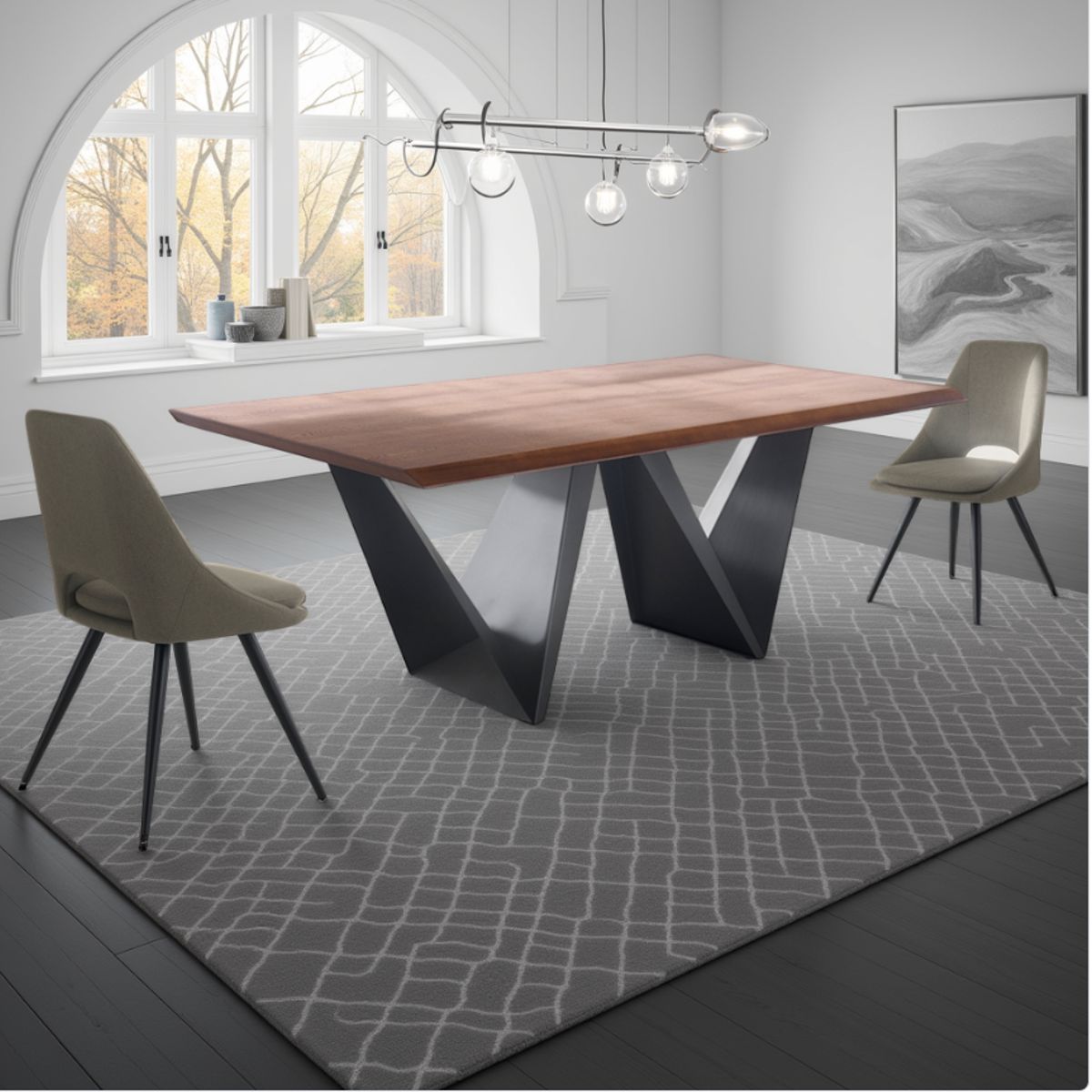 Table fixe Cleft avec finition placage noyer et piètement en métal peint noir mat, 200 x 100 cm