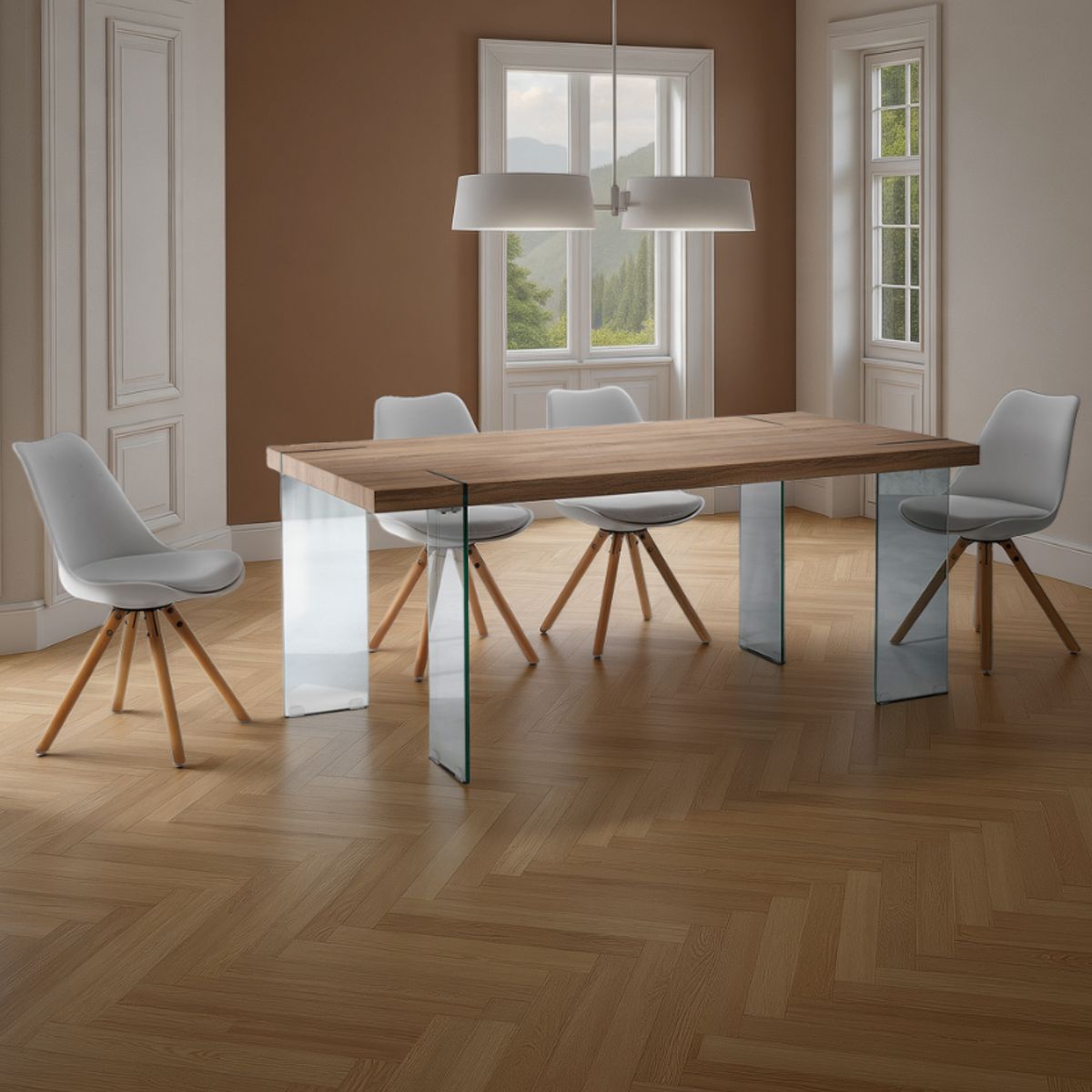 Table de bureau Waver en bois finition chêne Dylan pieds en verre trempé, 180 x 90 cm
