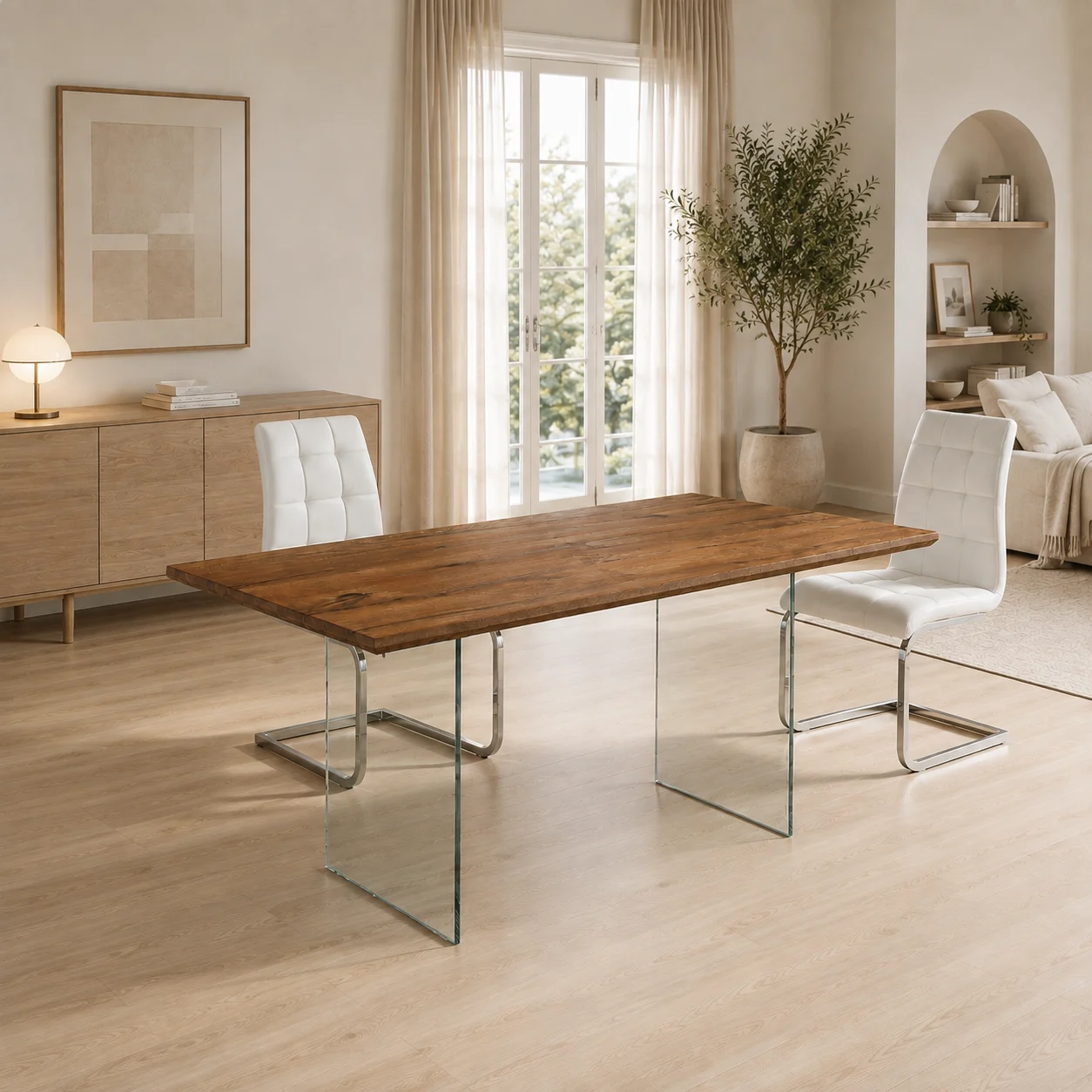 Bureau flottant en bois massif finition chêne et pieds en verre trempé, 180 x 90 cm