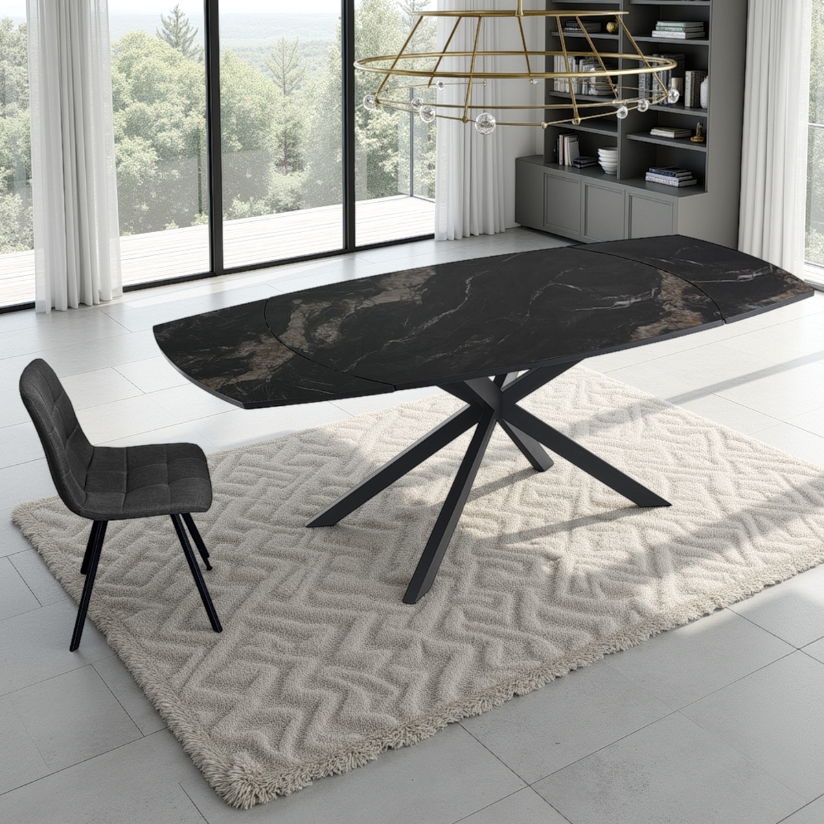 Table extensible Greta finition céramique effet marbre piètement en métal noir et or, mécanisme pivotant, 140-200 x 90 cm