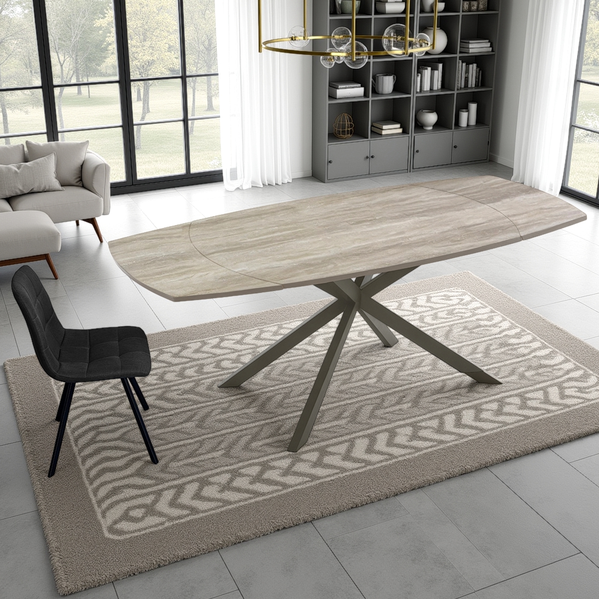 Table extensible Greta céramique effet marbre travertin piètement en acier platine, 140-200 x 90 cm