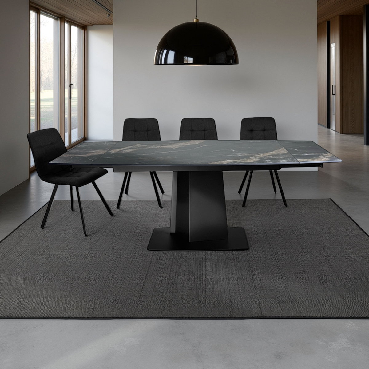 Table extensible Safir plateau en céramique effet marbre noir mat piètement en métal noir doré, 140-170-200 x 89 cm