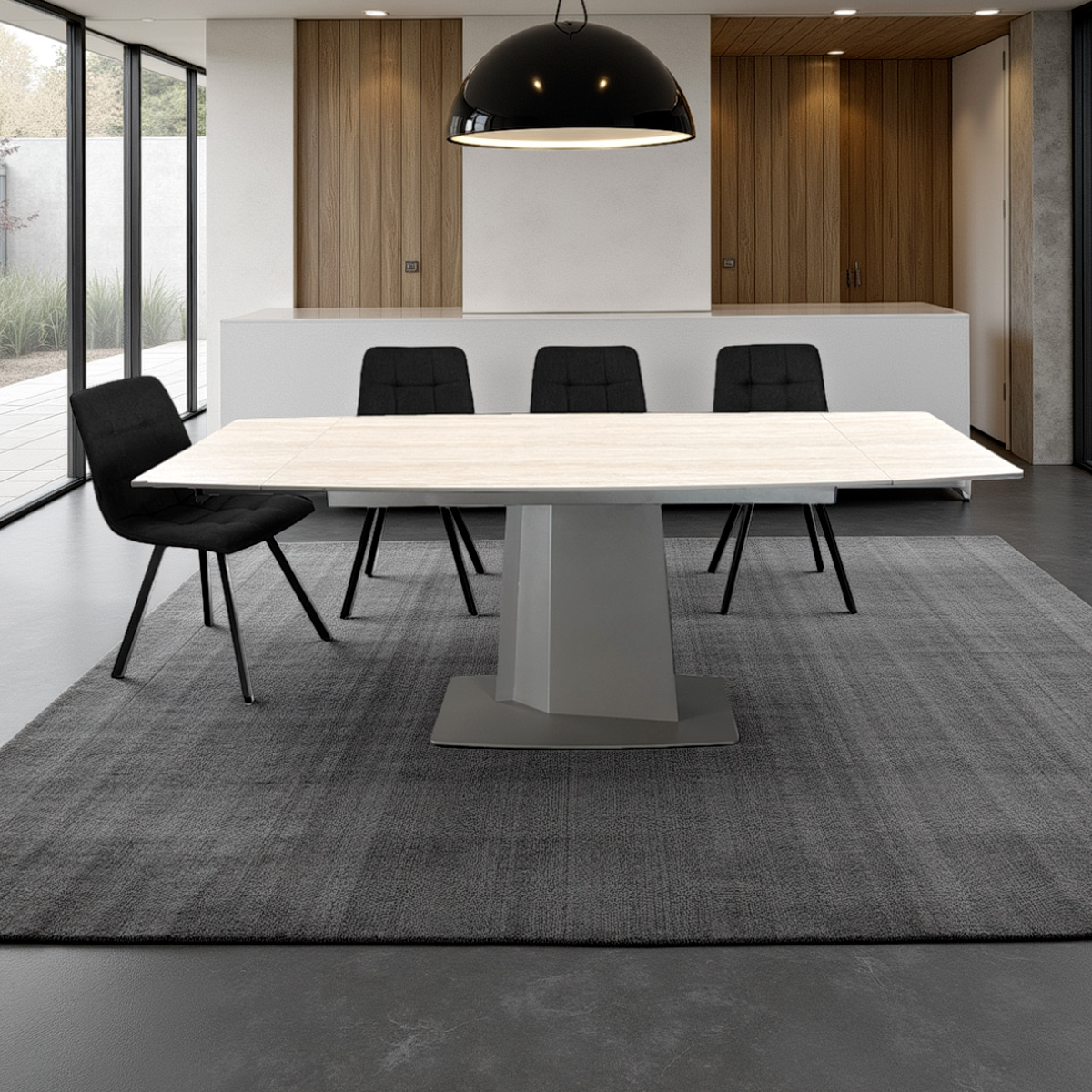 Table extensible Safir revêtement en céramique marbre mat travertin piètement en métal platine, 140-170-200 x 89 cm