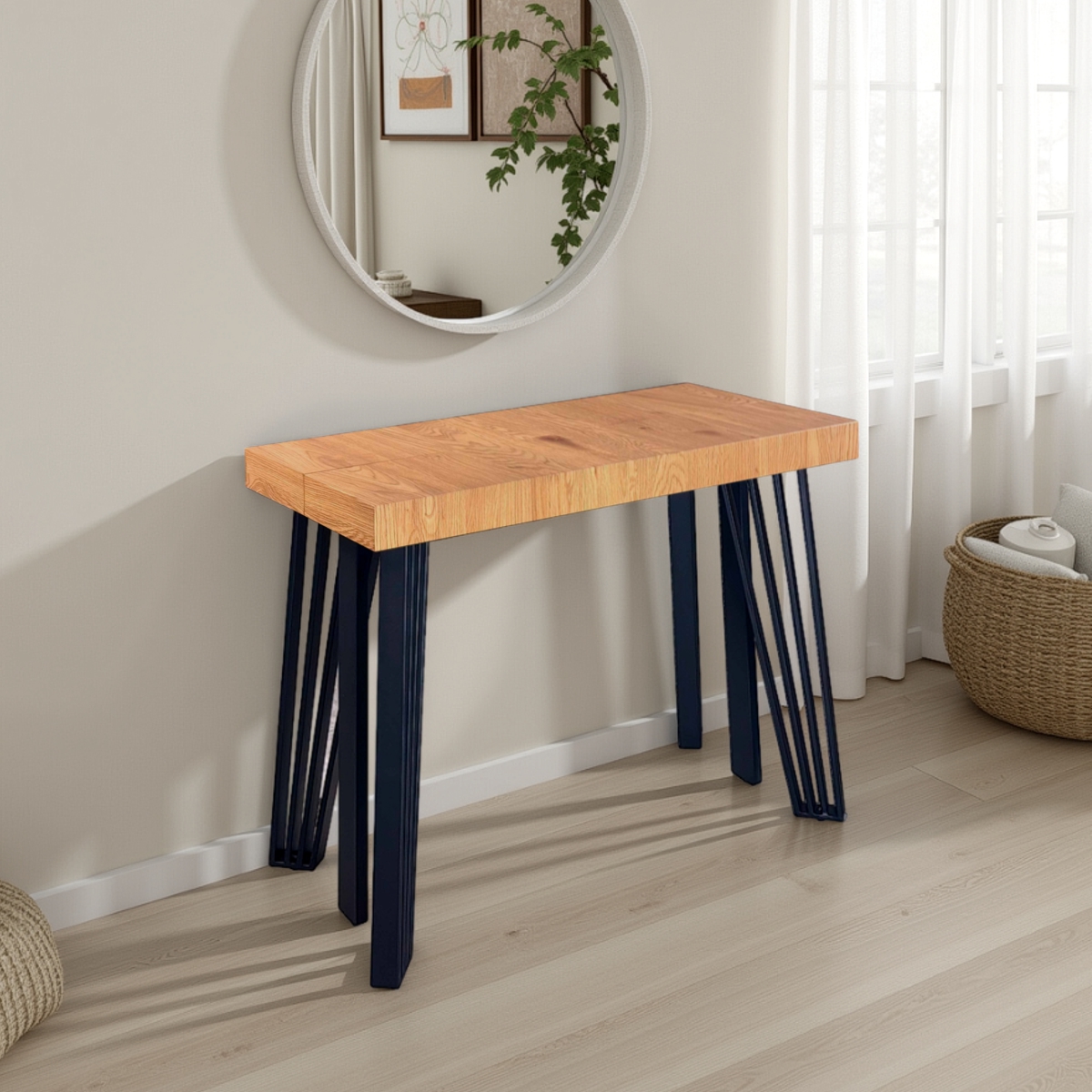 Console extensible Edna en chêne MDF mélaminé noir pieds en métal, 45-88-131-174-217-260 x 90 cm