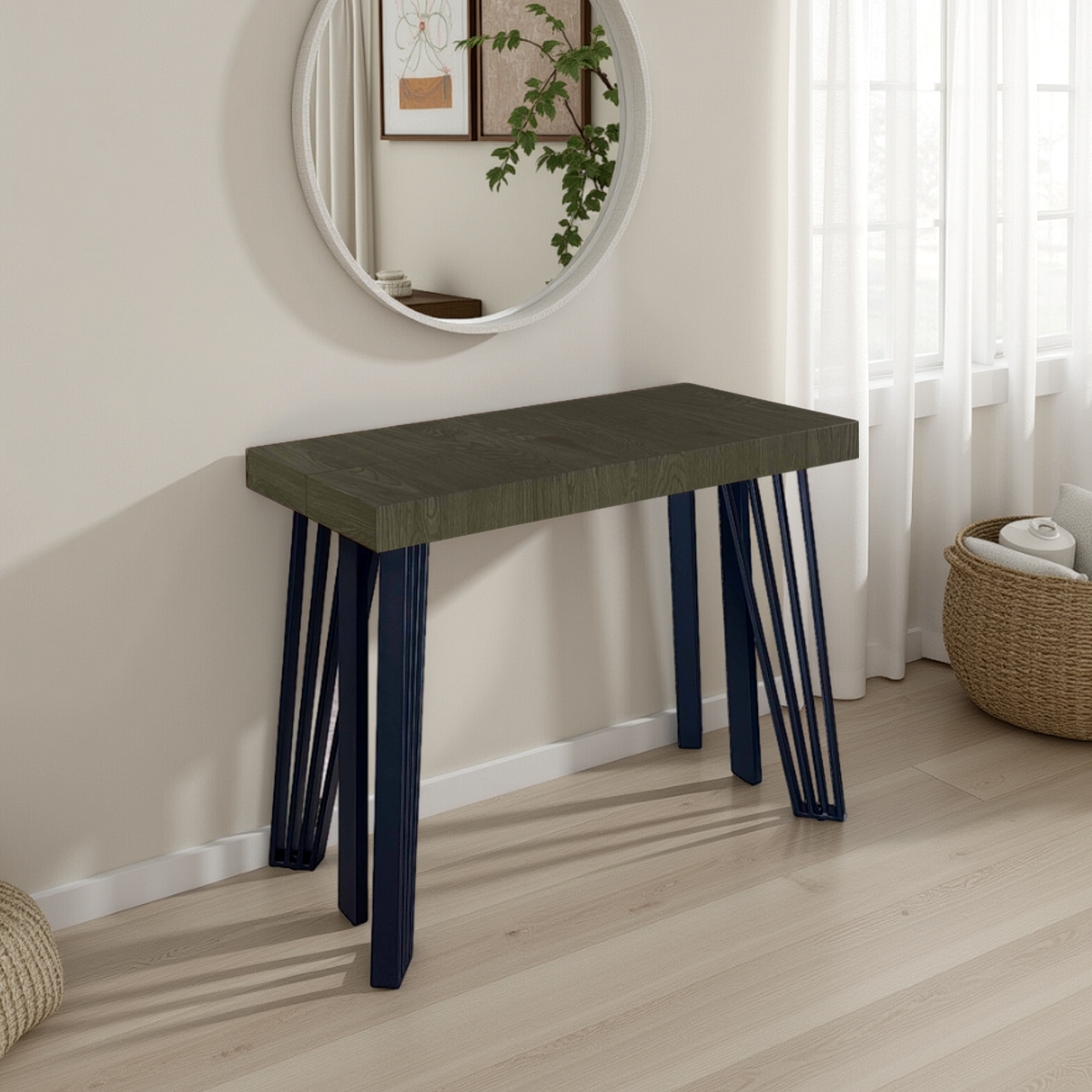 Console extensible Edna bois gris MDF mélaminé pieds en métal noir, 45-88-131-174-217-260 x 90 cm