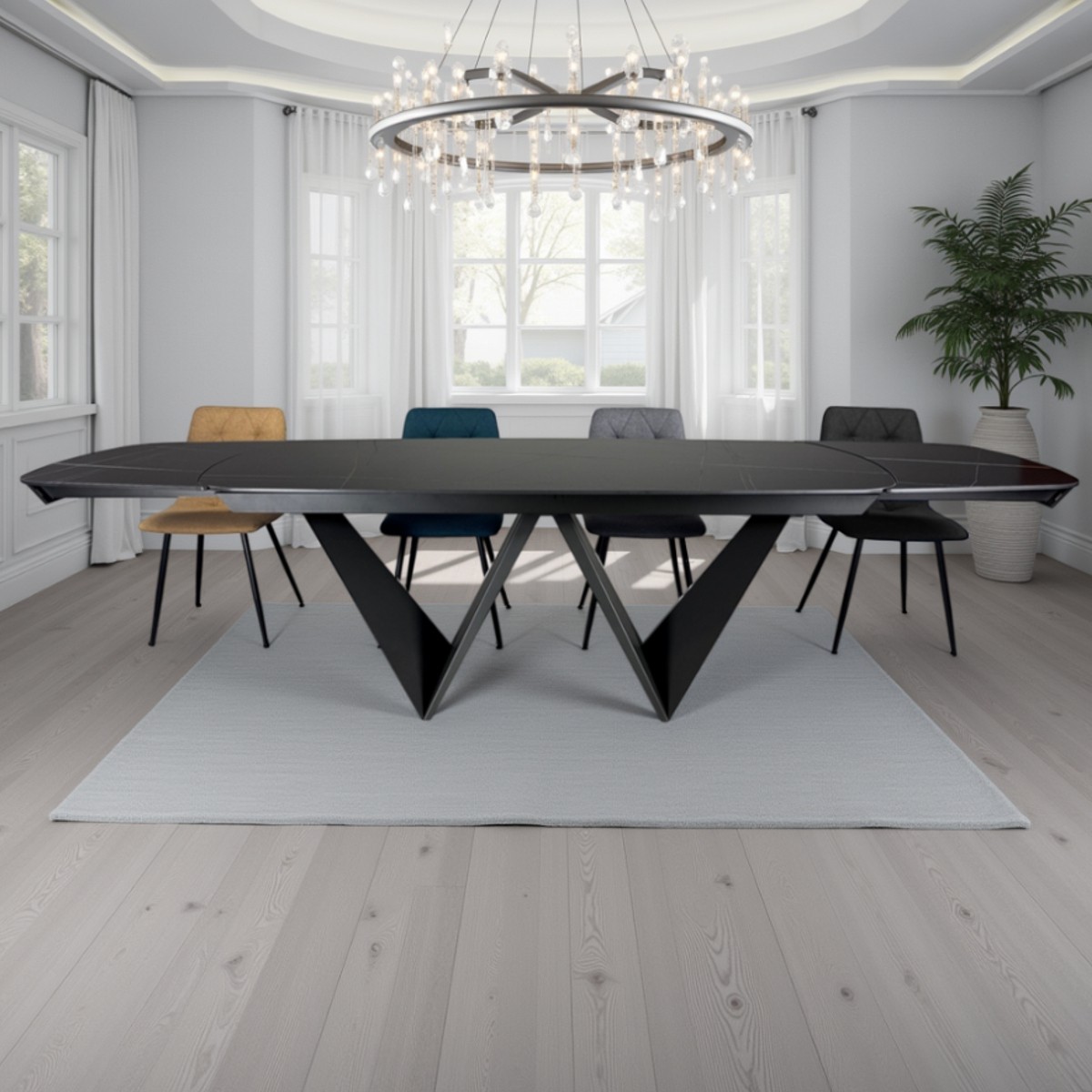 Table extensible Cleft Evo plateau en céramique effet marbre piètement en métal noir mat et gris, 200-250-300 x 100 cm