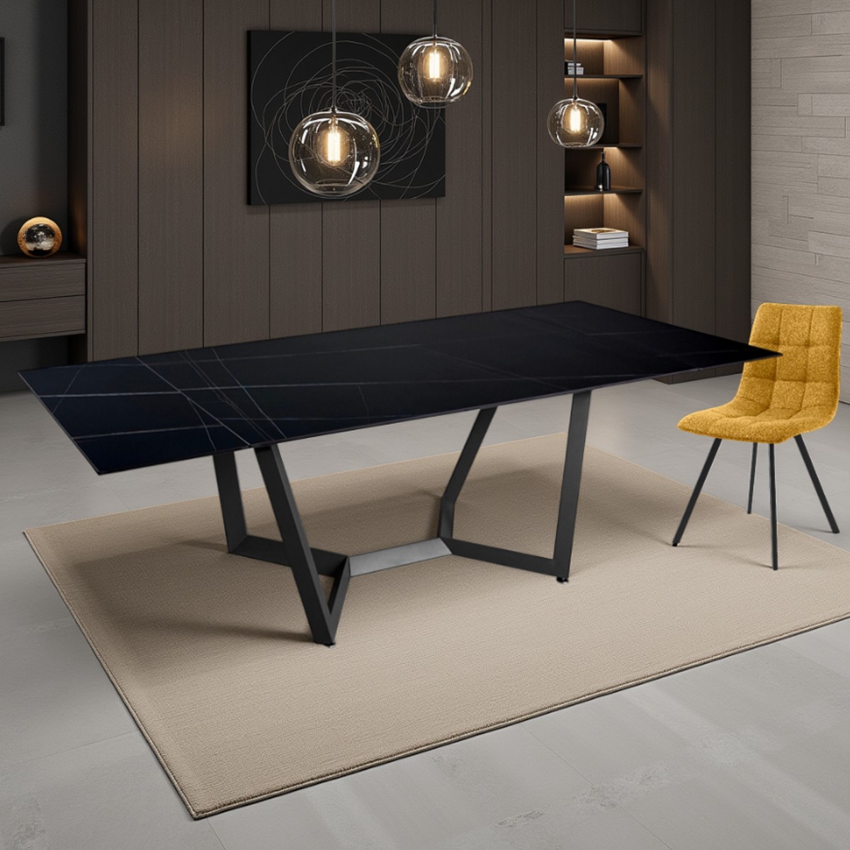 Table extensible Leo Evo plateau en céramique effet marbre piètement en acier gris noir mat, 160-200-240 x 91 cm