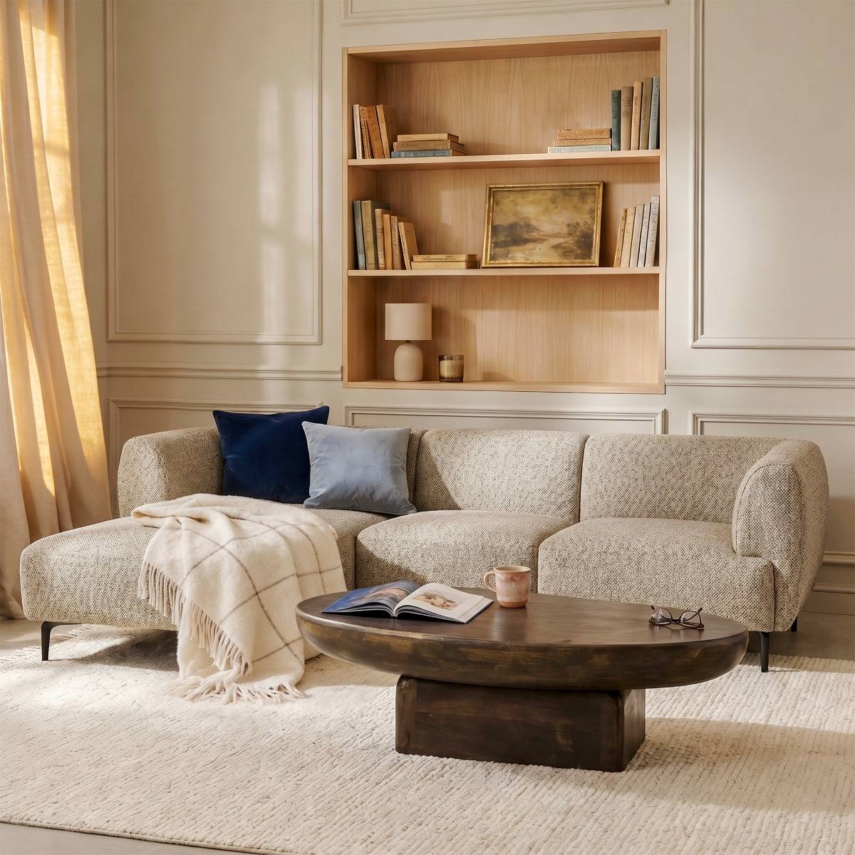 Canapé d'angle en tissu beige et pieds en métal Sacha