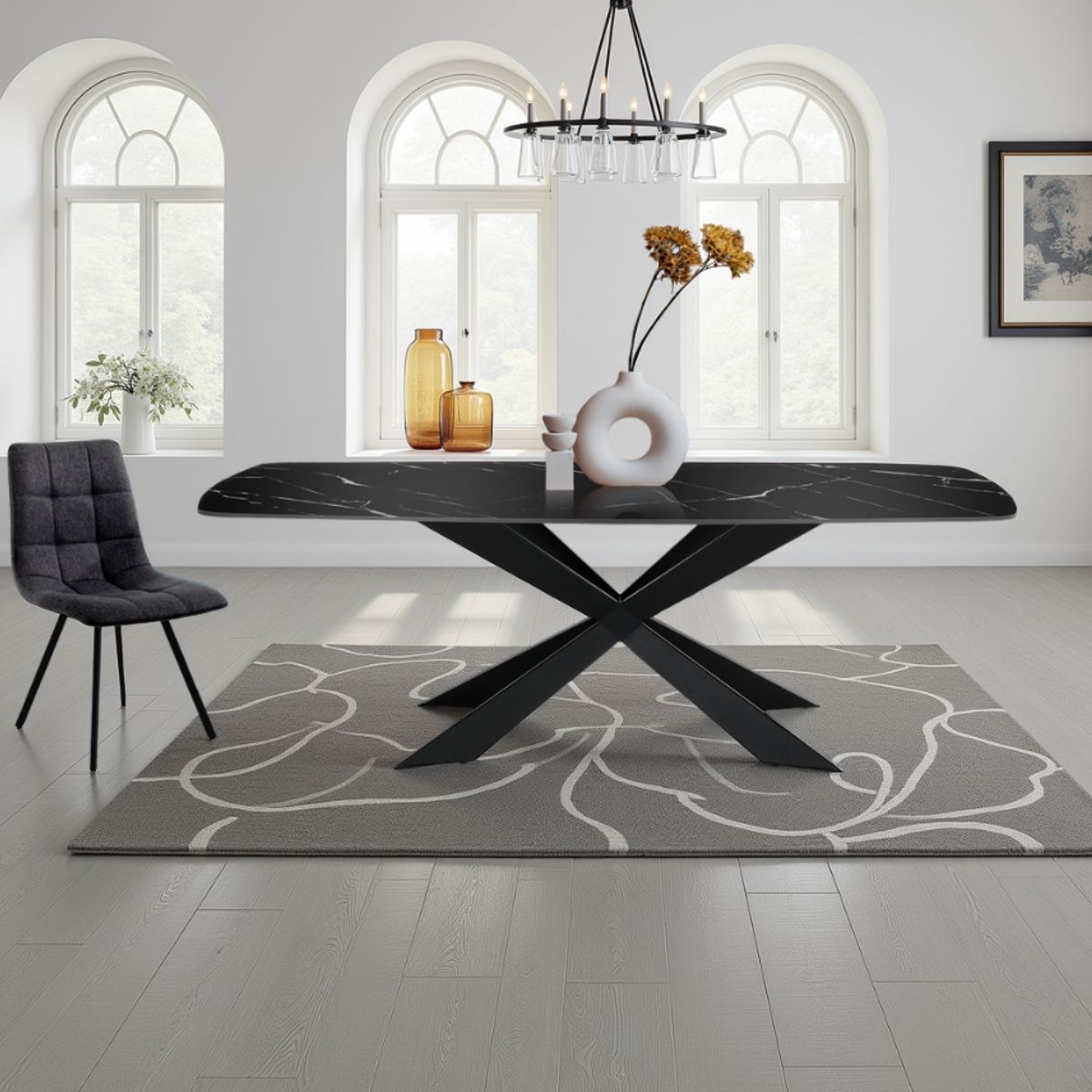 Table d’appoint en marbre noir avec piètement en métal noir mat et plateau en céramique noir brillant effet marbre, 180 x 90 cm