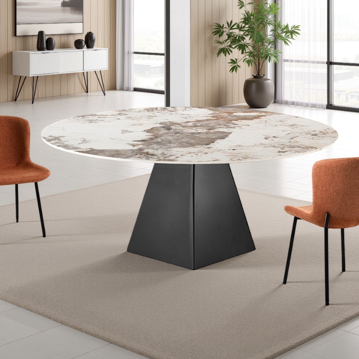Table extensible rectangulaire-ronde BOLLARD ONICE GREY métal gris mat plateau en céramique effet marbre onyx, 100-160 x Ø 160 cm