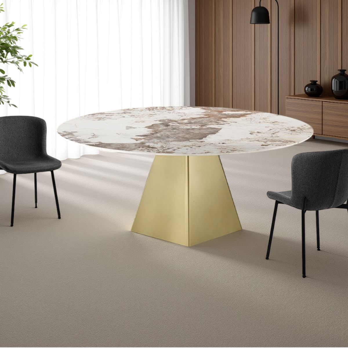 Table extensible rectangulaire-ronde BOLLARD ONICE GOLD métal or mat plateau en céramique marbre onyx, 100-160 Ø 160 cm