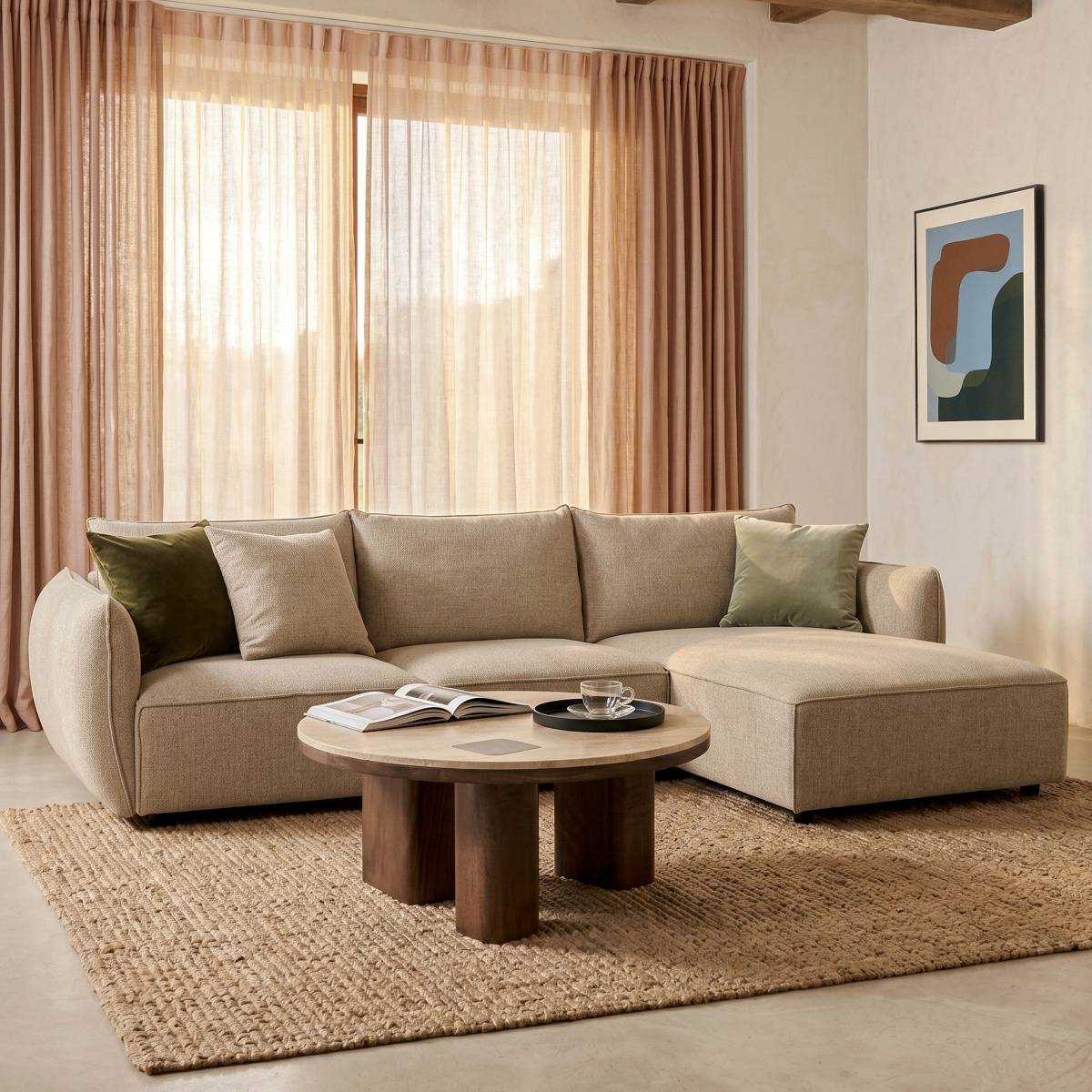 Canapé d'angle en tissu beige Lysoria