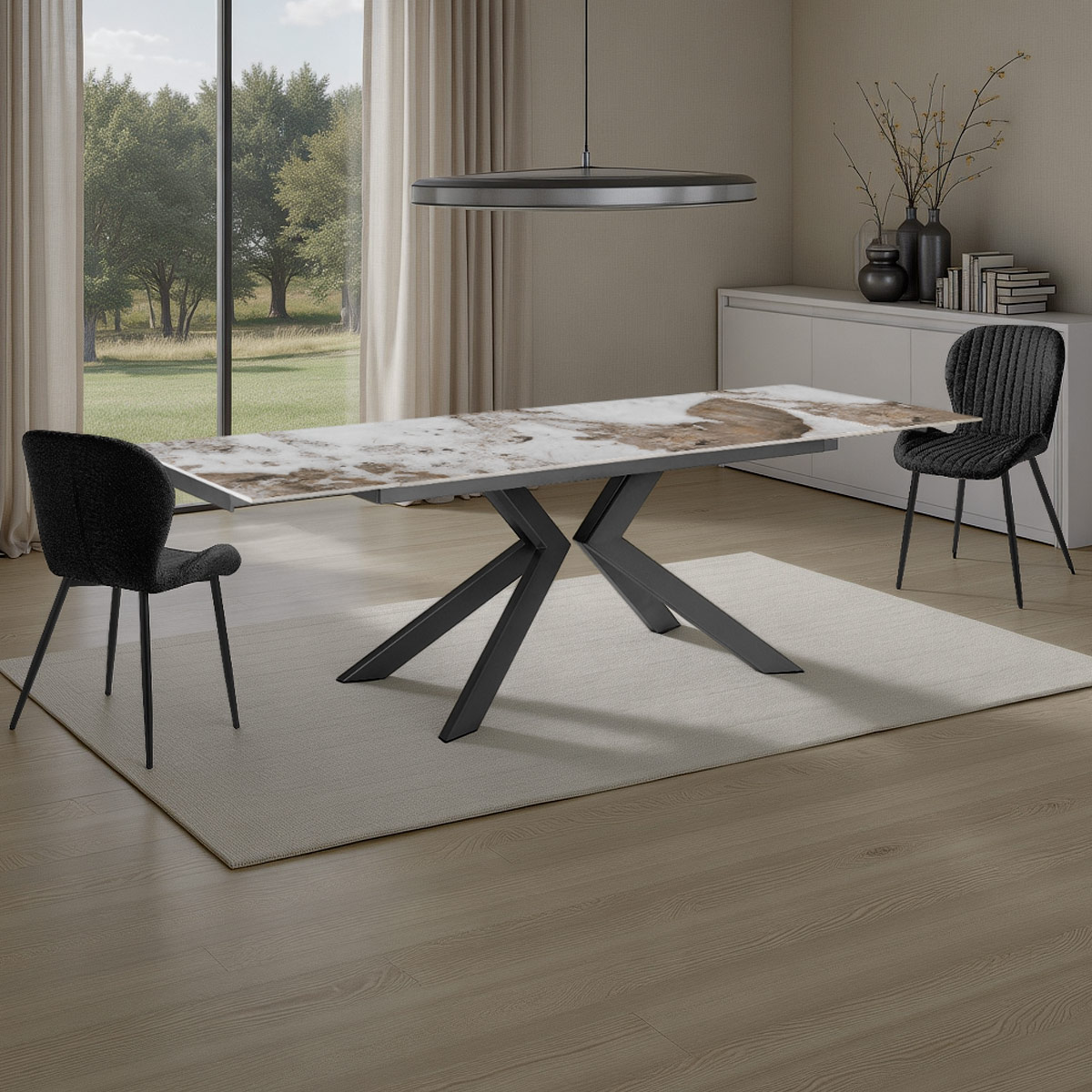 Table extensible STAR ONICE GREY métal gris mat plateau en céramique finition marbre onyx brillant, 160-200-240 x 90 cm