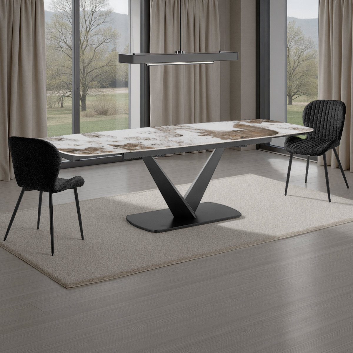 Table extensible Hands 2 avec piètement gris mat plateau en céramique finition marbre onyx brillant, 160-200-240 x 89 cm