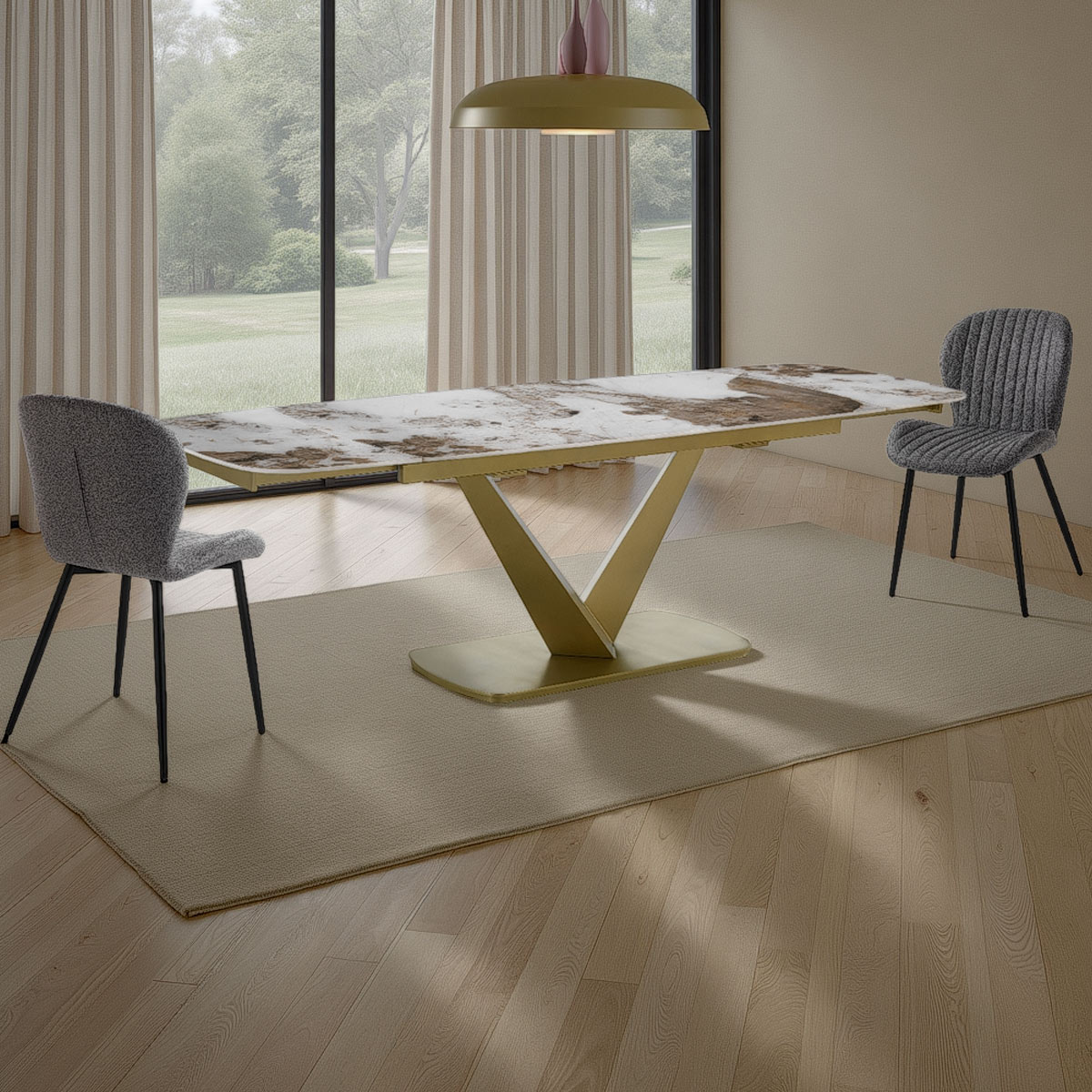 Table extensible Hands 1 avec piètement champagne or mat plateau en céramique finition marbre onyx brillant, 160-200-240 x 89 cm