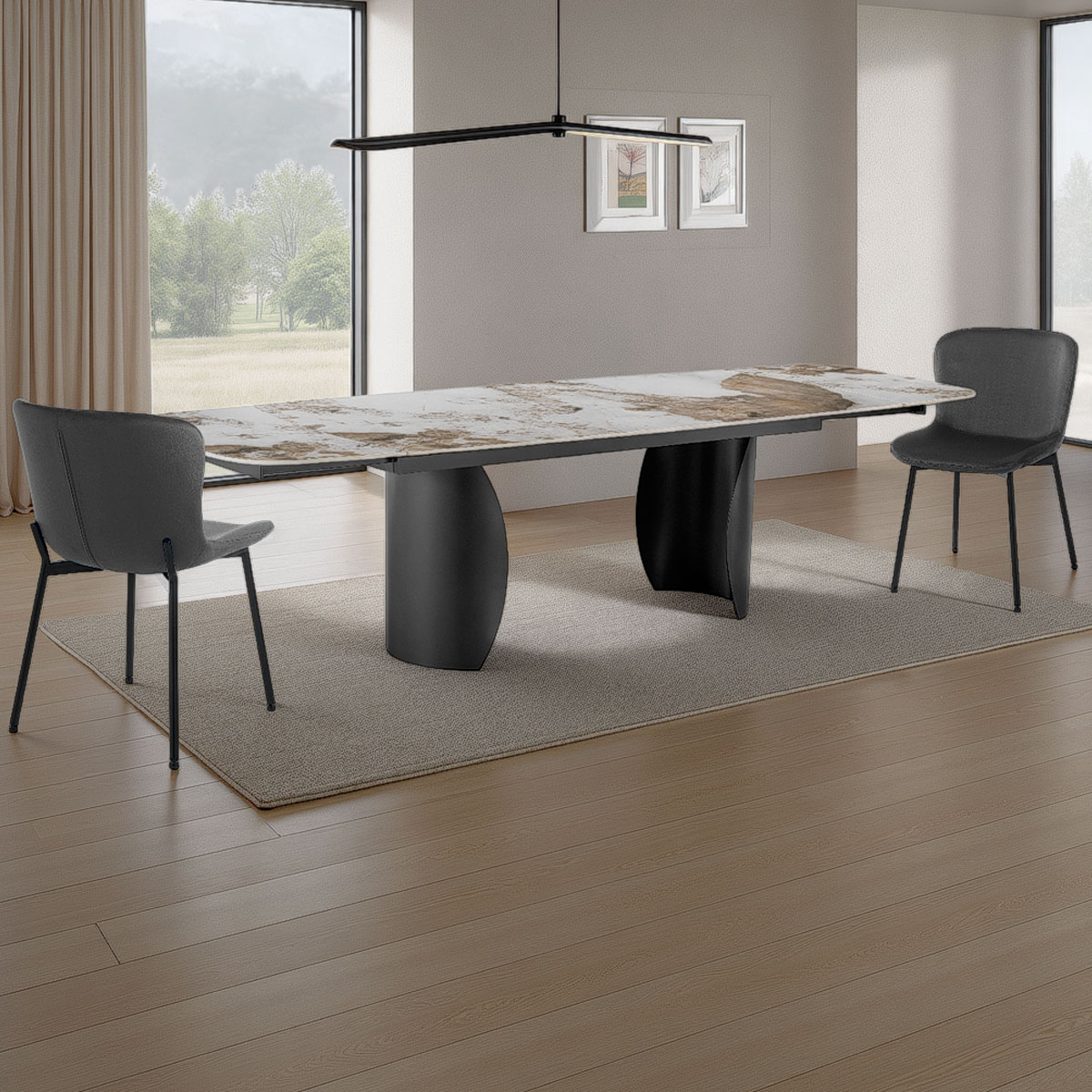 Table extensible Claw 2 en céramique onyx brillante et métal gris mat, 180-220-260 x 89 cm
